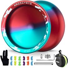MAGICYOYO V10 Professional Finger Spin Yoyo, Dual Purpose Responsive & Non-Reactive Metal Yoyo for Tricks, Long Spin, Durable Aluminum Alloy Yoyo, Case, Gloves, 12 Yoyo String Blue Red