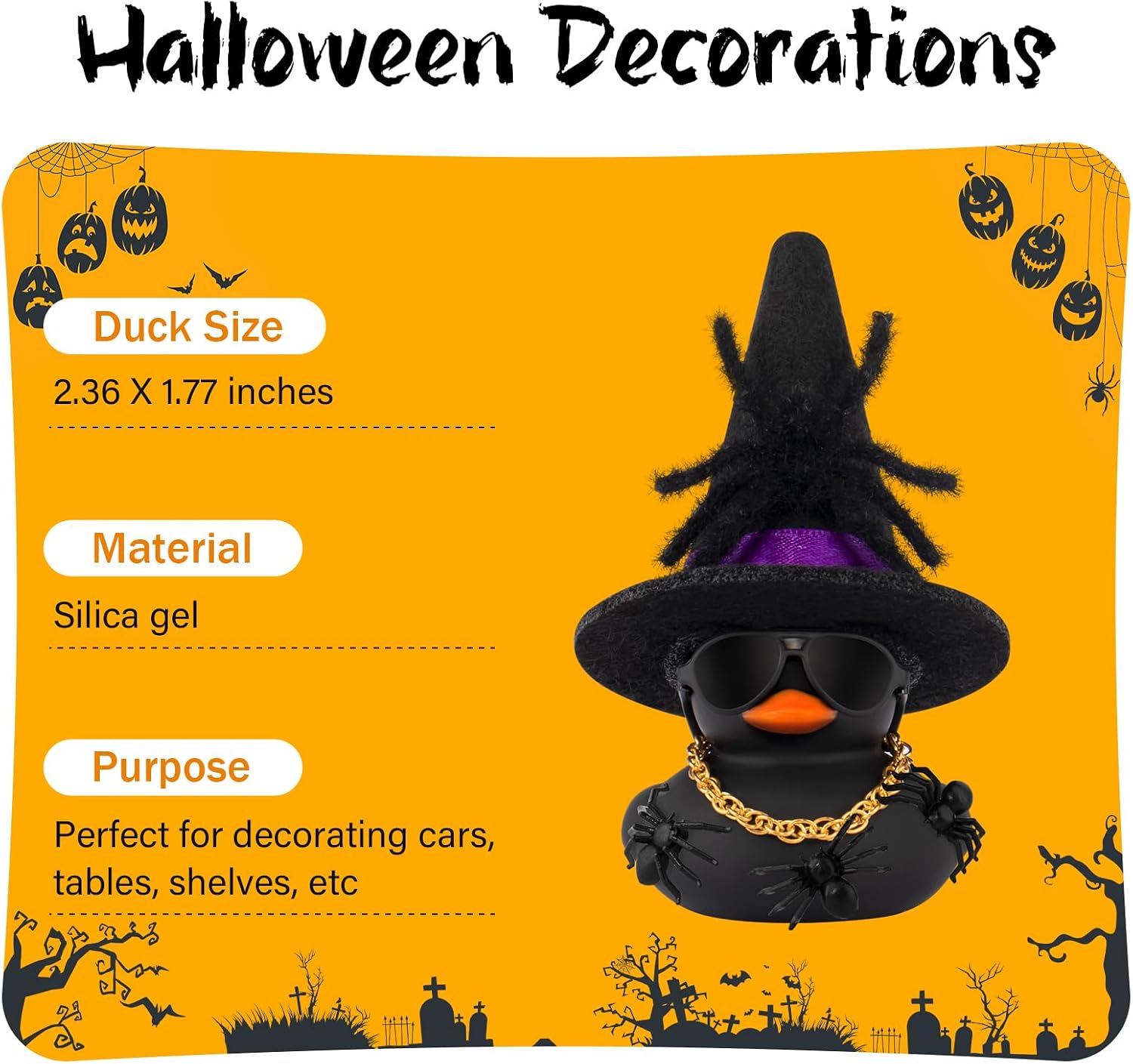 wonuu Car Dashboard Decorations Spiders Witch Rubber Ducks for Halloween, Duck for Office Desk Ornament Accessories with Hat, Glasses, Chain, Plush and Plastic Spider, Black