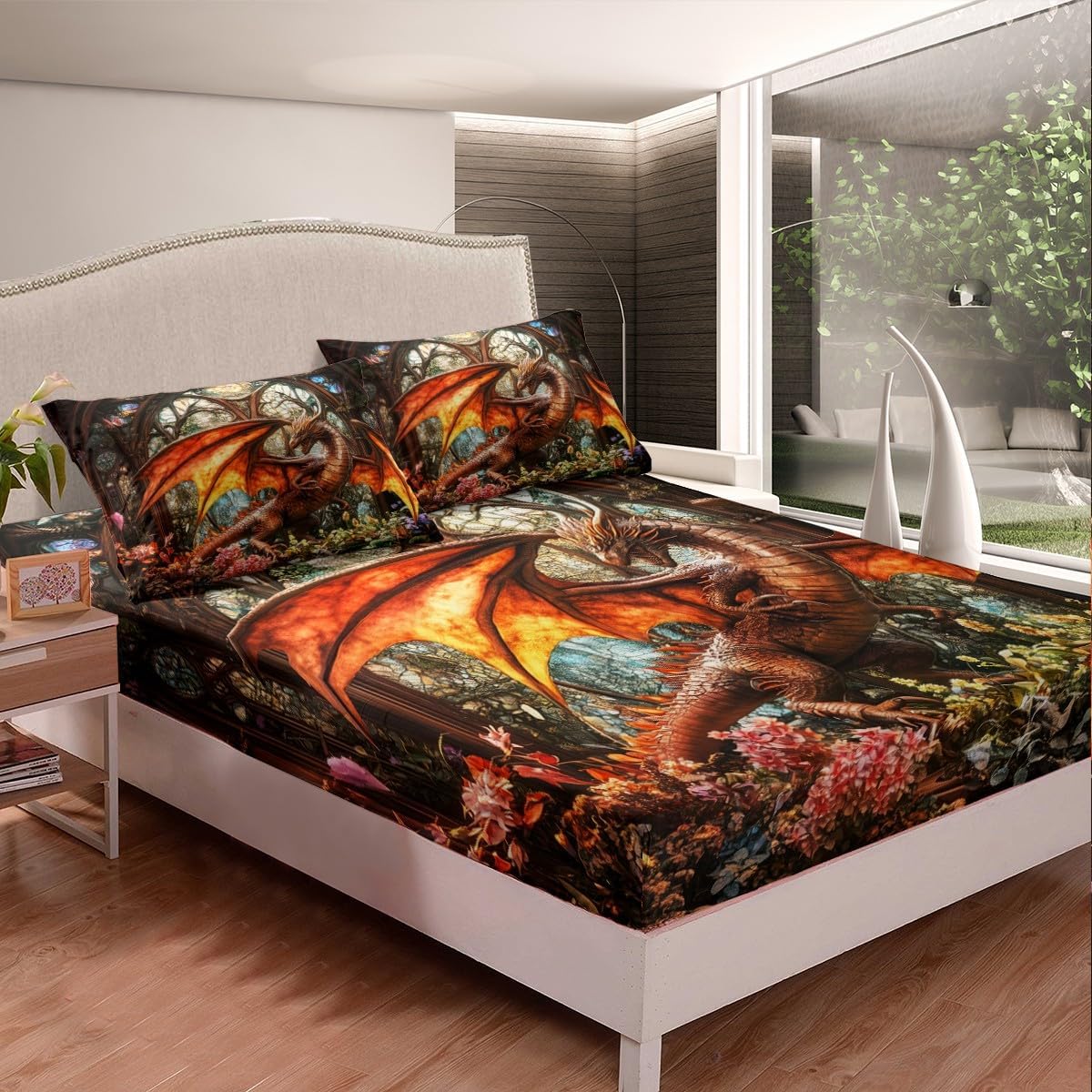 Erosebridal Western Dragon Fitted Sheet Twin Size for Boys Kids Girls Rustic Garden Floral Bed Sheets Exotic Fantasy Wild Animals 3D Wildlife Print Geometric Jungle deep Pocket Sheets