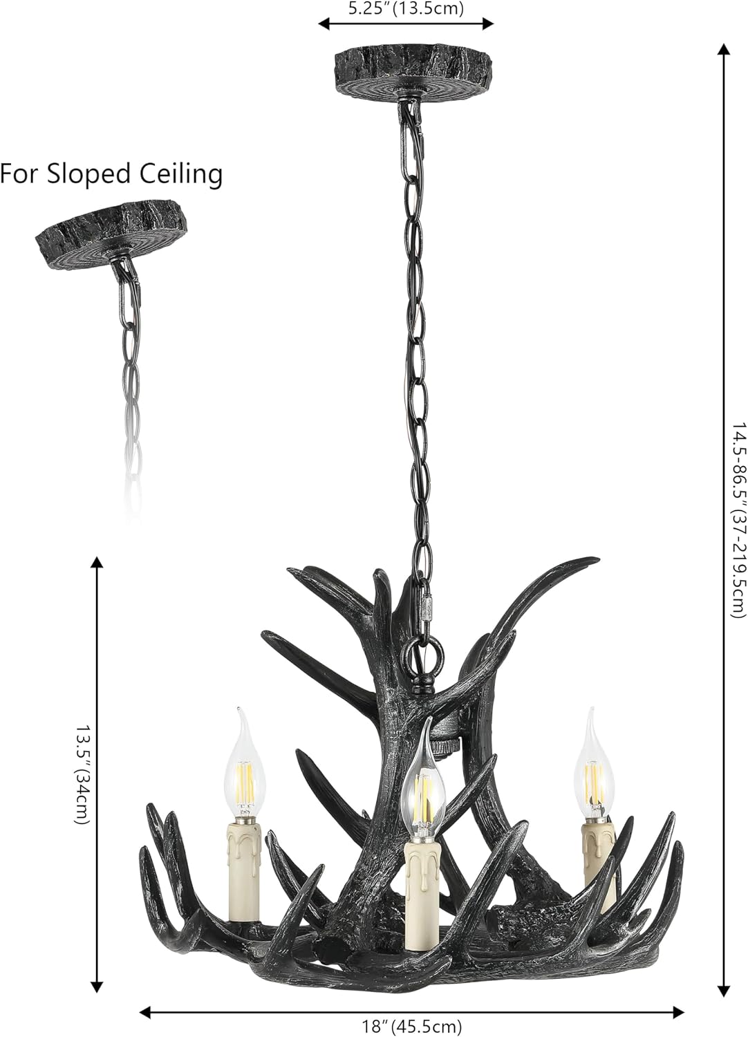 JONATHAN Y 18" Black Adjustable Resin Antler 3-Light LED Chandelier, Rustic Farmhouse Faux Antler Hanging Light for Dining Room, Living Room, Cabin (JYL6304B)