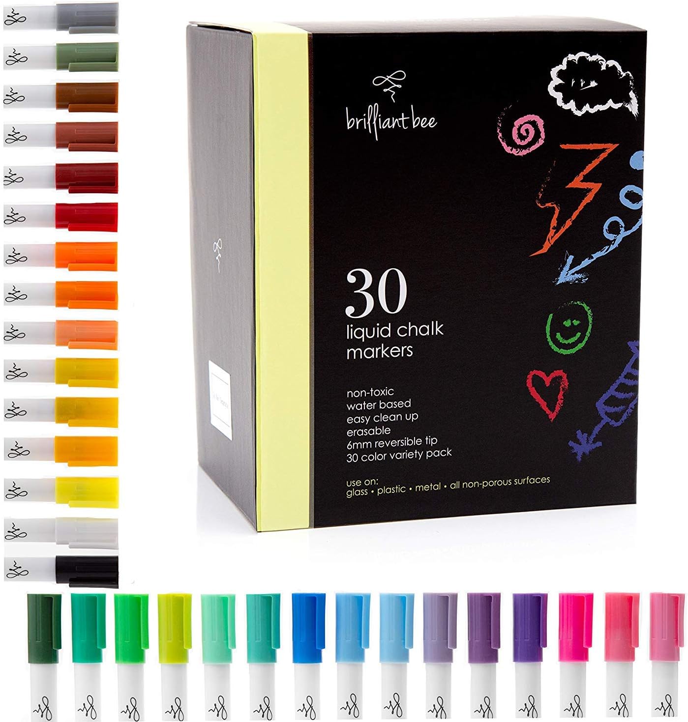 Brilliant Bee - Liquid Chalk Marker 30 Pack Multi Color - Reversible Chisel and Round Tip