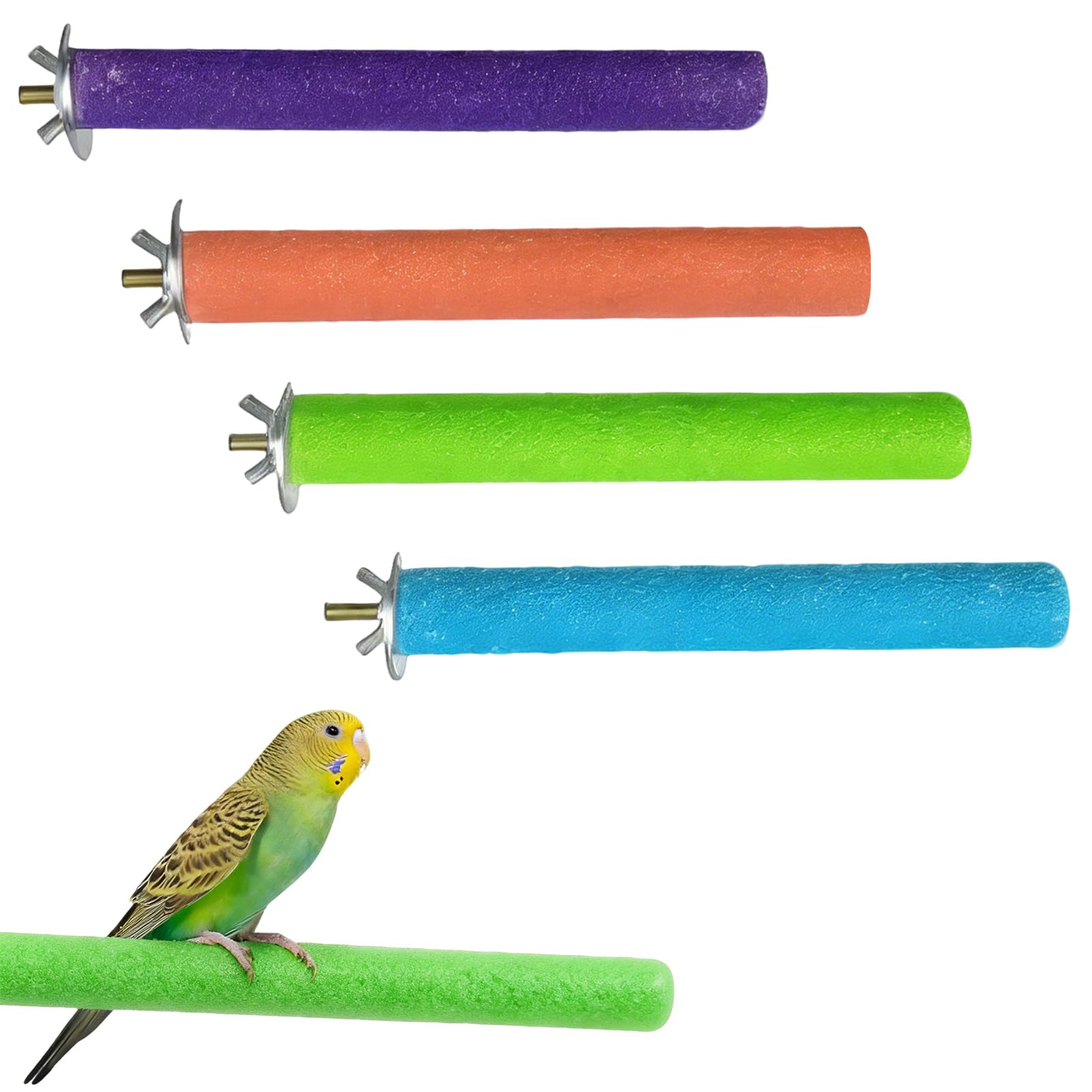 4 Pcs Parrot Perches, Birdcage Scrub Stand Bird Paw Grinding Stick, Wooden Paw Grinding Stick Stand for Bird Parrot Budgies Parakeet Cockatiels Conure Lovebird (Blue,Green,Orange,Purple, 20cm)