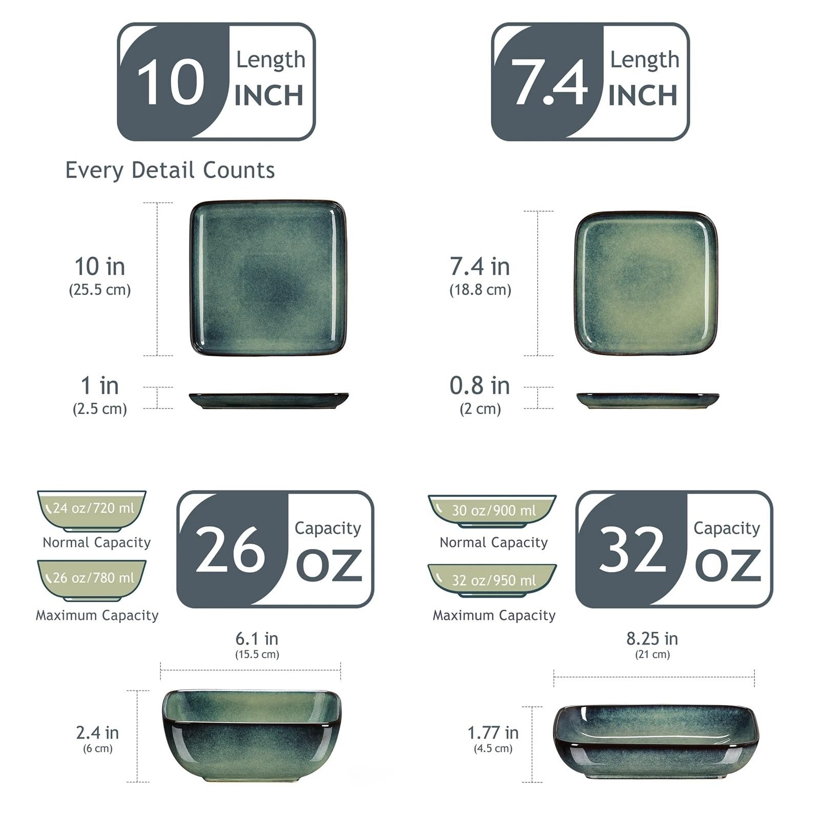 SAeWare Servizio da tavola in ceramica, set da tavola quadrato verde per cambiare forno smaltato, 16 pezzi, stoviglie da cucina in ceramica per 4 persone, blu, 16 pezzi