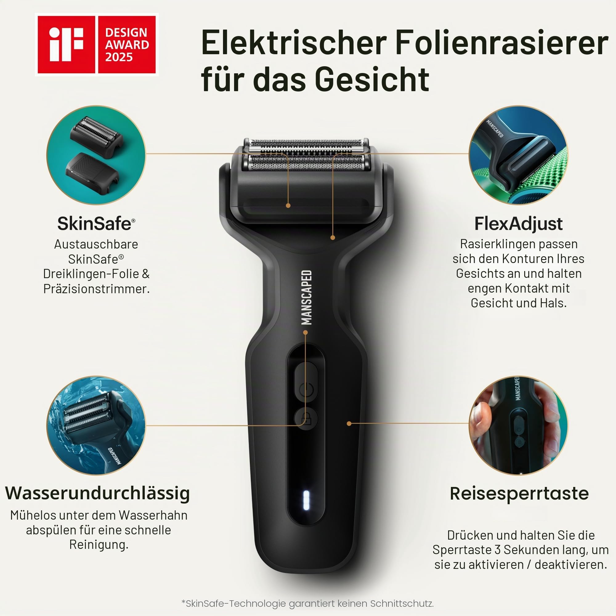 MANSCAPED® The Chairman™ Plus Elektrischer Rasierer, zwei Klingenköpfe, SkinSafe®-Folie & Präzisions-Schneider, USB-C-Aufladung, sanft