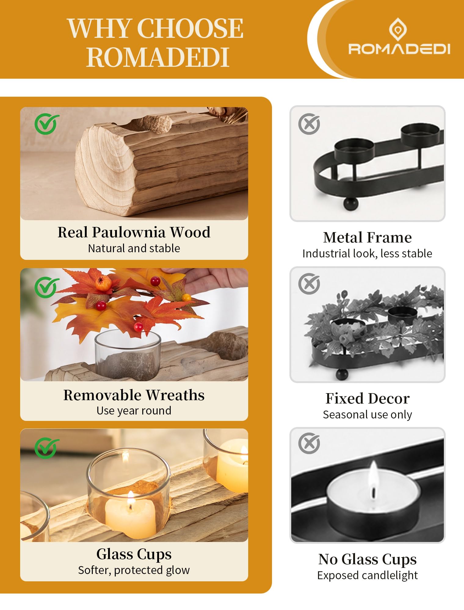 Romadedi Kerzenständer Holz, 40cm Herbstdeko mit 4 Teelichtgläser & Kranz | Rustikaler Holzblock in Baumstamm-Optik, ideal als Herbst Tischdekoration für Wohnzimmer und Fensterbank, Küche