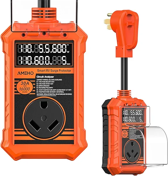AMEHO RV Surge Protector 30 Amp, 16000J with Smart Auto Shutoff – IP67 Waterproof – LED Large Screen Real-Time Circuit Analyzer for Camper & Travel Trailer
