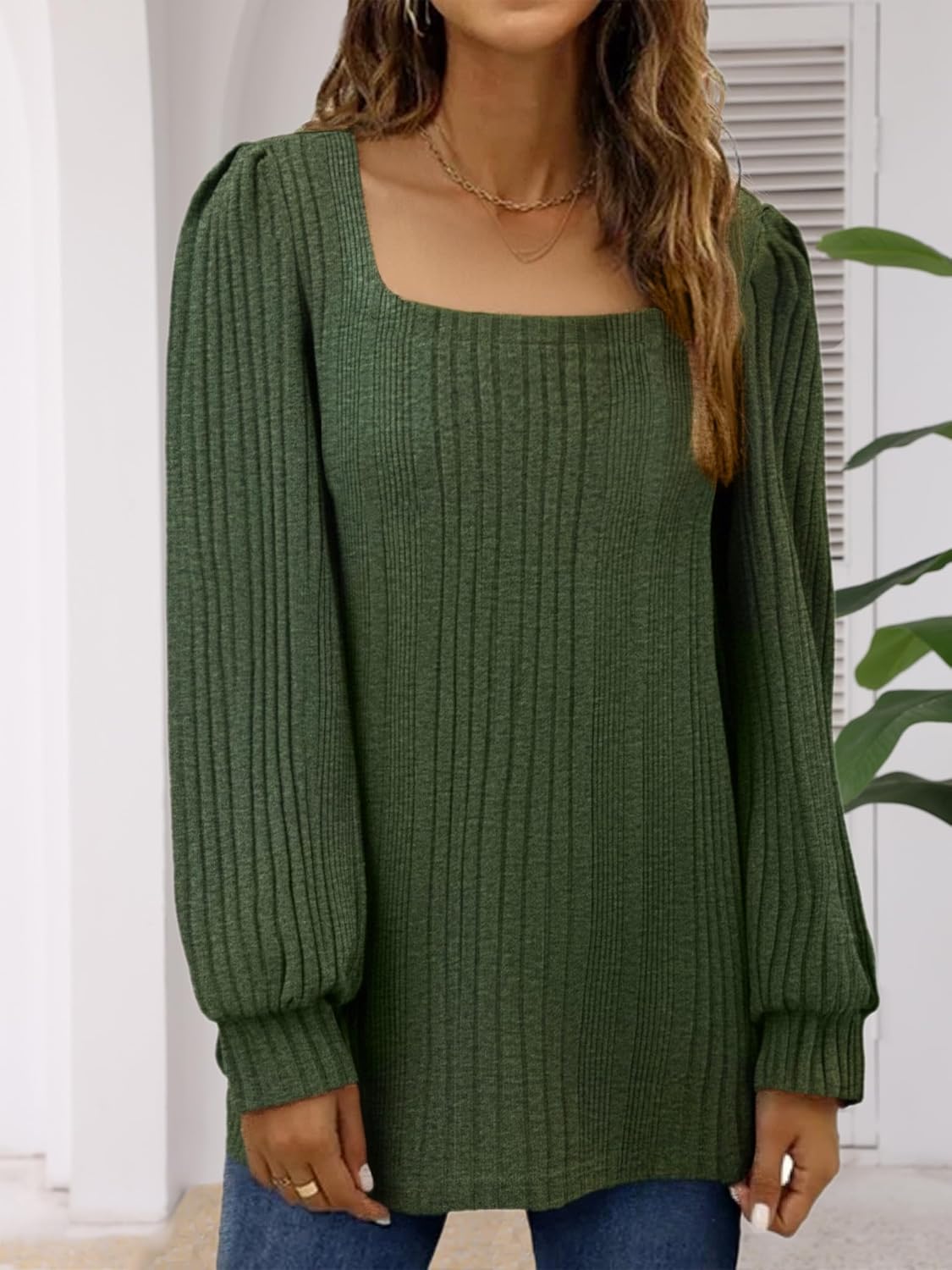 Women Tunic Tops Square Neck Blouse Long Puff Sleeve Shirts Loose Fit Sweater Casual Tops Fall Fashion - Image 4