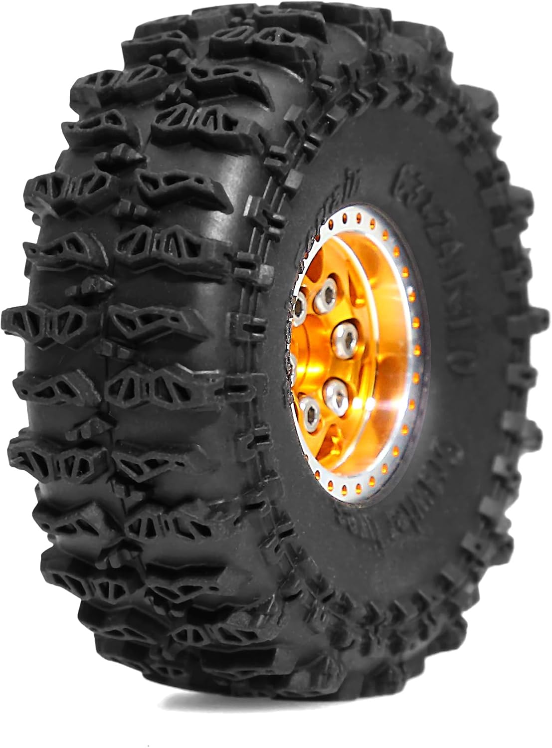 REDSPIDER•1.0'' Aluminum Alloy Beadlock Wheels and tires（4PCS）1.0 Crawler Tires OD 6.48'' for 1：24 1:18 RC Rock Crawler Car SCX24 FCX24 FCX18 TRX4M AX24 90081 Gladiator Bronco C10 (Golden)