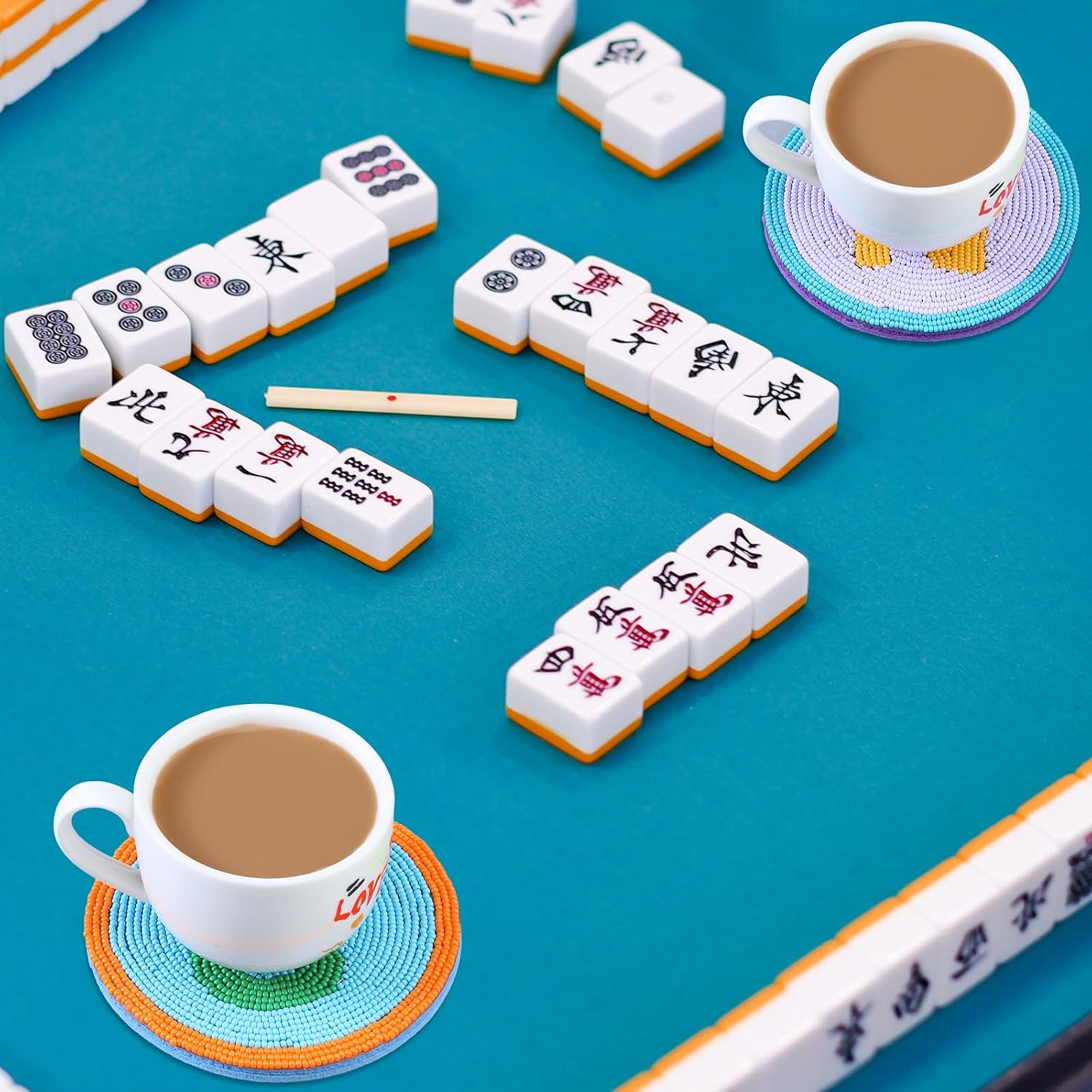 Hushee 4 Pcs Mahjong Coasters Mah Jong Tile Gifts, Beaded