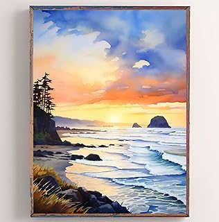 Cannon Beach Wall Art Oregon Watercolor Painting Sunset Art Print Coastal Wall Art Seascape Painting Oregon Travel Print,104