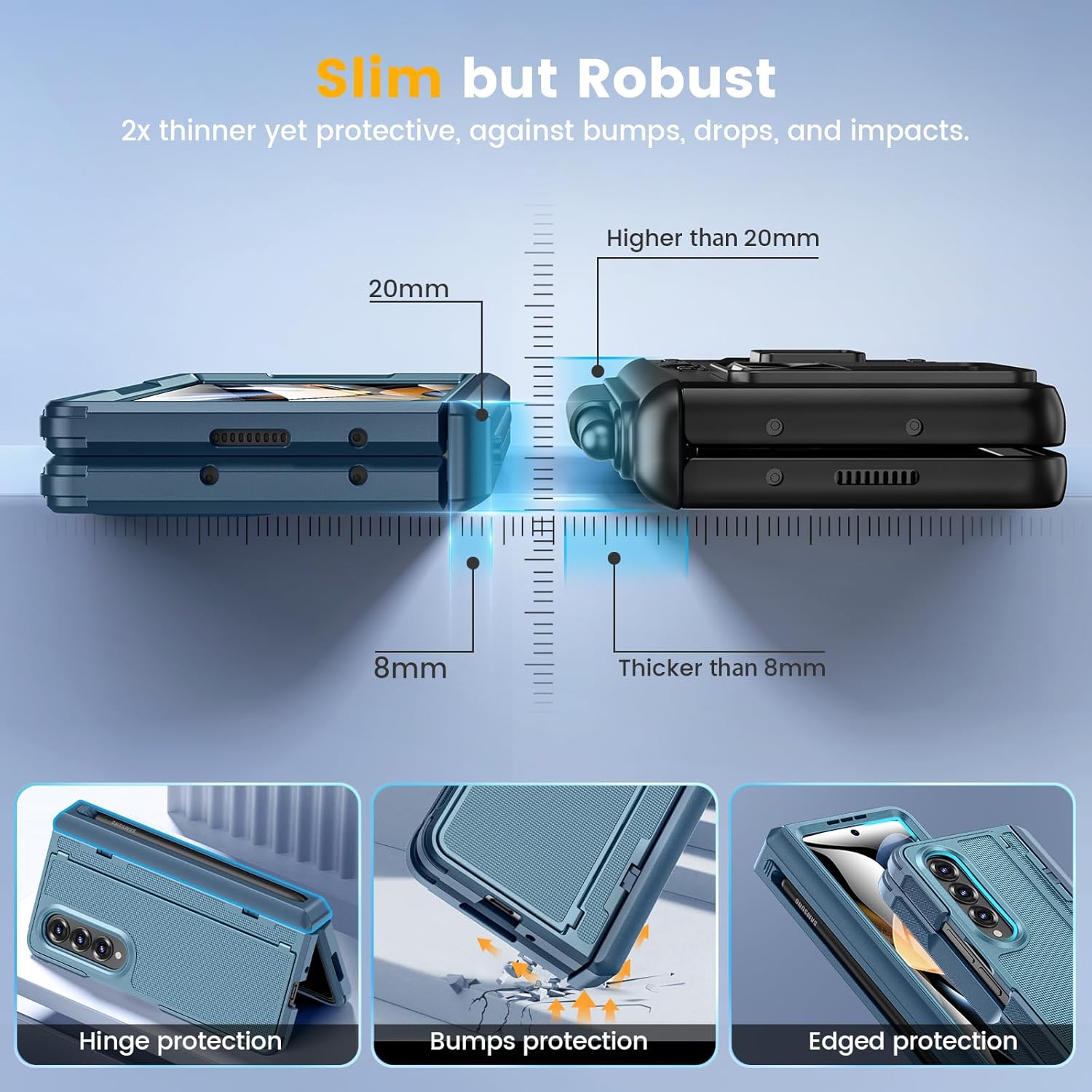 Caka for Samsung Galaxy Z Fold 4 Case [Thinner S Pen Holder] [Hidden Kickstand] [Hinge Protection] [Screen Protector] Full Body Hard Shockproof Phone Cover with Anti-Slip Textured for Fold4 - Blue
