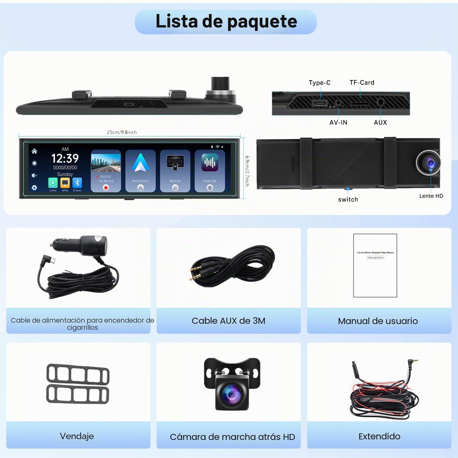 Hodozzy 4K Espejo Retrovisor Coche Dash CAM Inalámbrico Carplay Android Auto,Cámaras Visión Frontal y Trasera 1080P,Pantalla Táctil IPS de 10,99 Pulgadas con Grabación en Bucle/Airplay/AUX/FM