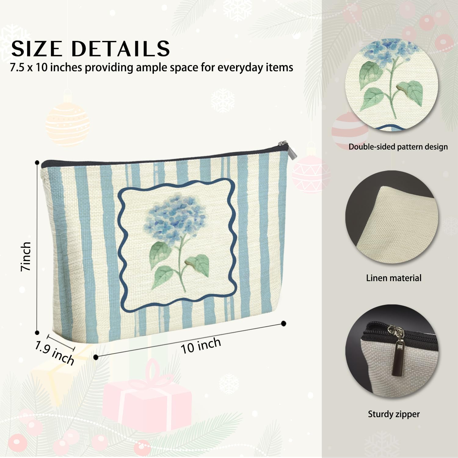 Blue Hydrangea Floral Makeup Bag Gifts for Women, Cottagecore Chinoiserie Floral Cosmetic Bag, Preppy Girly Blue Striped Zipper Makeup Pouch Travel Toiletry Bags - Image 4