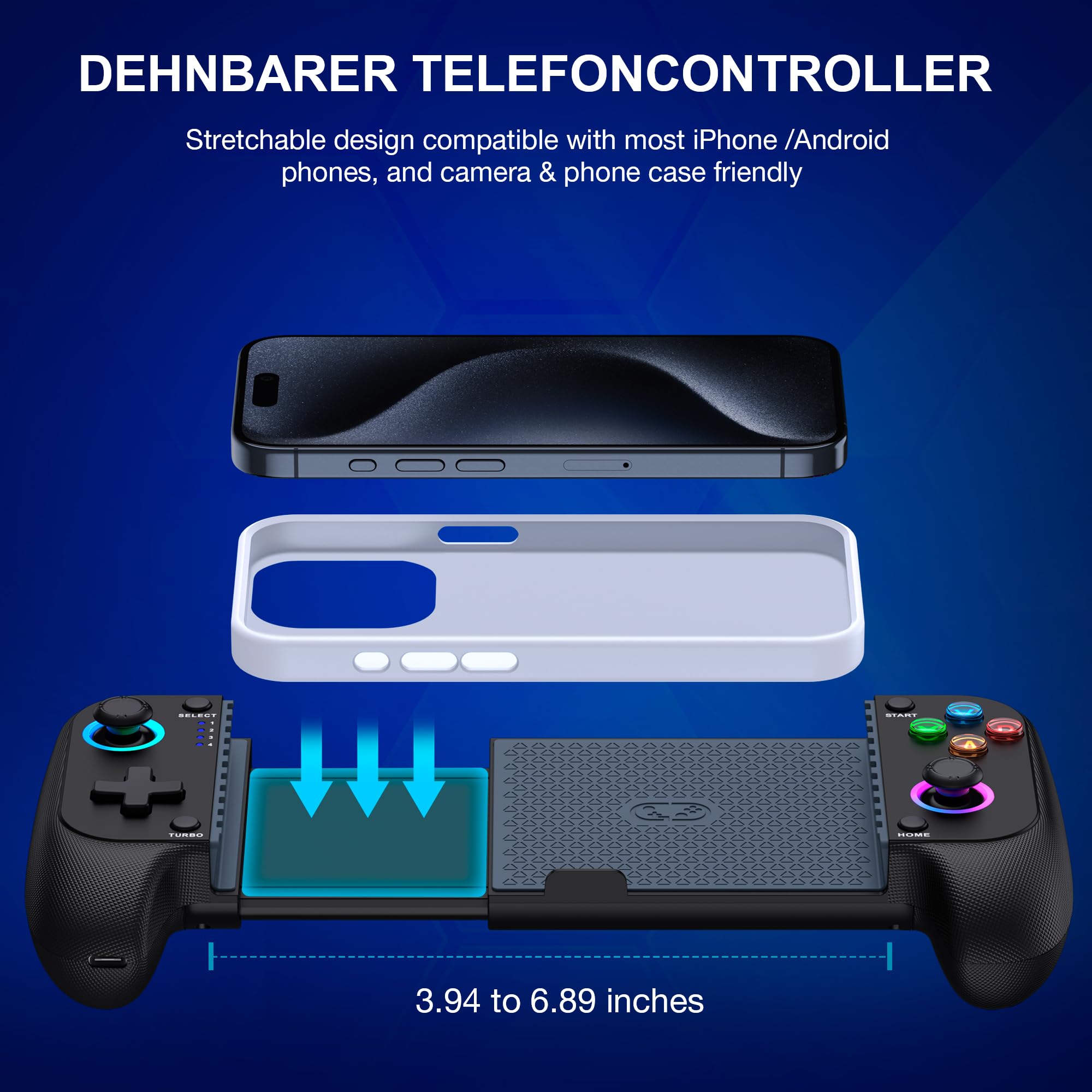 HASACOOL Handy Controller für iPhone/Android, Bluetooth Smartphone Controller mit Hall Effect Joystick/RGB Licht, Support Xbox Cloud/Steam Link/GeForce Now/MFi Apple Arcade/Roblox