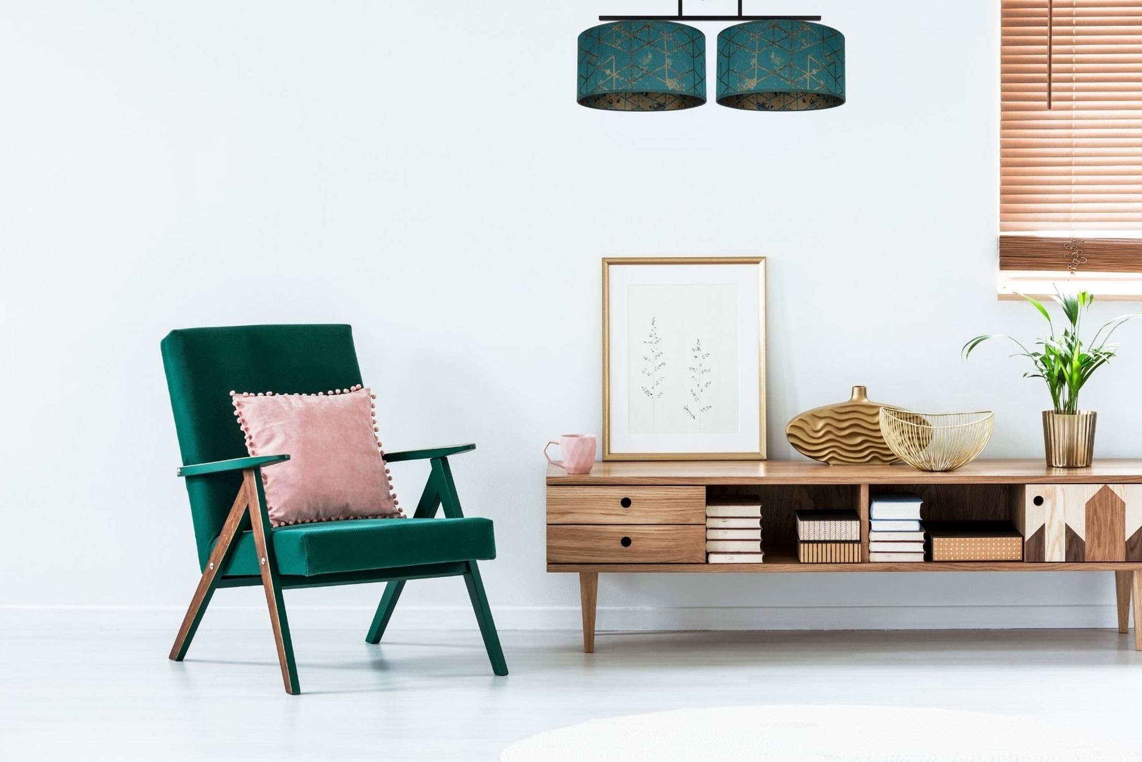 Licht-Erlebnisse Deckenlampe Stoffschirm Metall Grün Wohnzimmer Schlafzimmer Flur lang 70 cm E27 blendarm mit Muster wohnlich gemütliche Deckenleuchte Esszimmer BIRNO