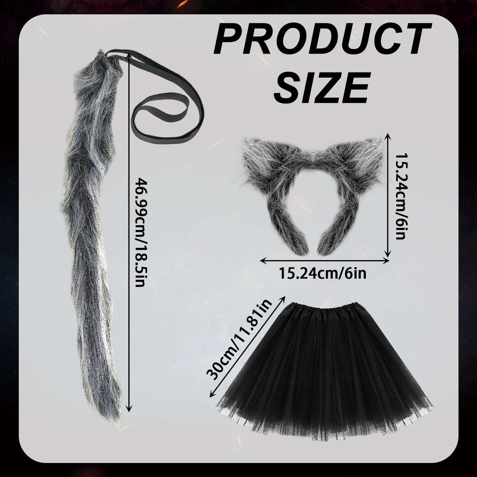 UILYNIU Pack of 3 Grey Wolf Costume Accessories Wolf Ears Headband Tail Tutu Werewolf Costume Accessory for Halloween Party Cosplay (Pack of 3) - Image 2