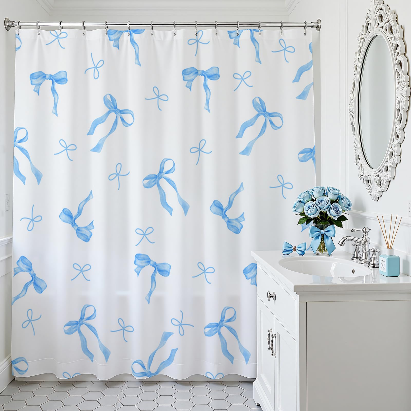 Mocsicka Light Blue Shower Curtain Coquette Cute Bow Shower Curtains for Bathroom Modern Aesthetic Frabic Shower Curtain Set with Hooks 71x71 Inch (
