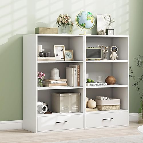 Miniatura 8 de GOFLAME Estantería de 4 niveles con cajón de almacenamiento, moderna estantería alta con 3 estantes abiertos, estantería de almacenamiento