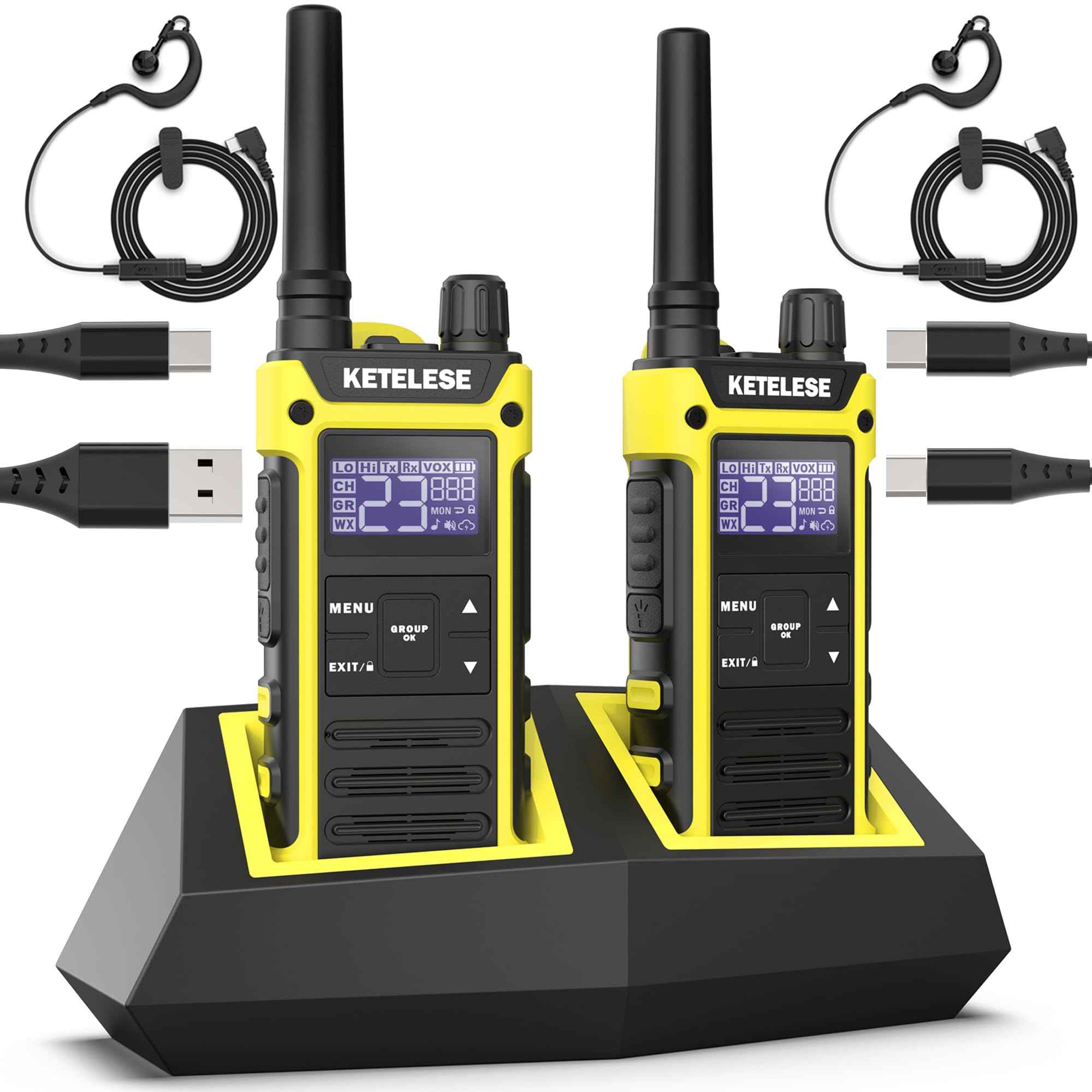KETELESE T3F IP67 Waterproof Walkie Talkies, FRS Two Way Radio with Earpiece, Triple Proof, Three Charging Options, USB/Type C Radio, NOAA, VOX (2 Pack), Black/Yellow