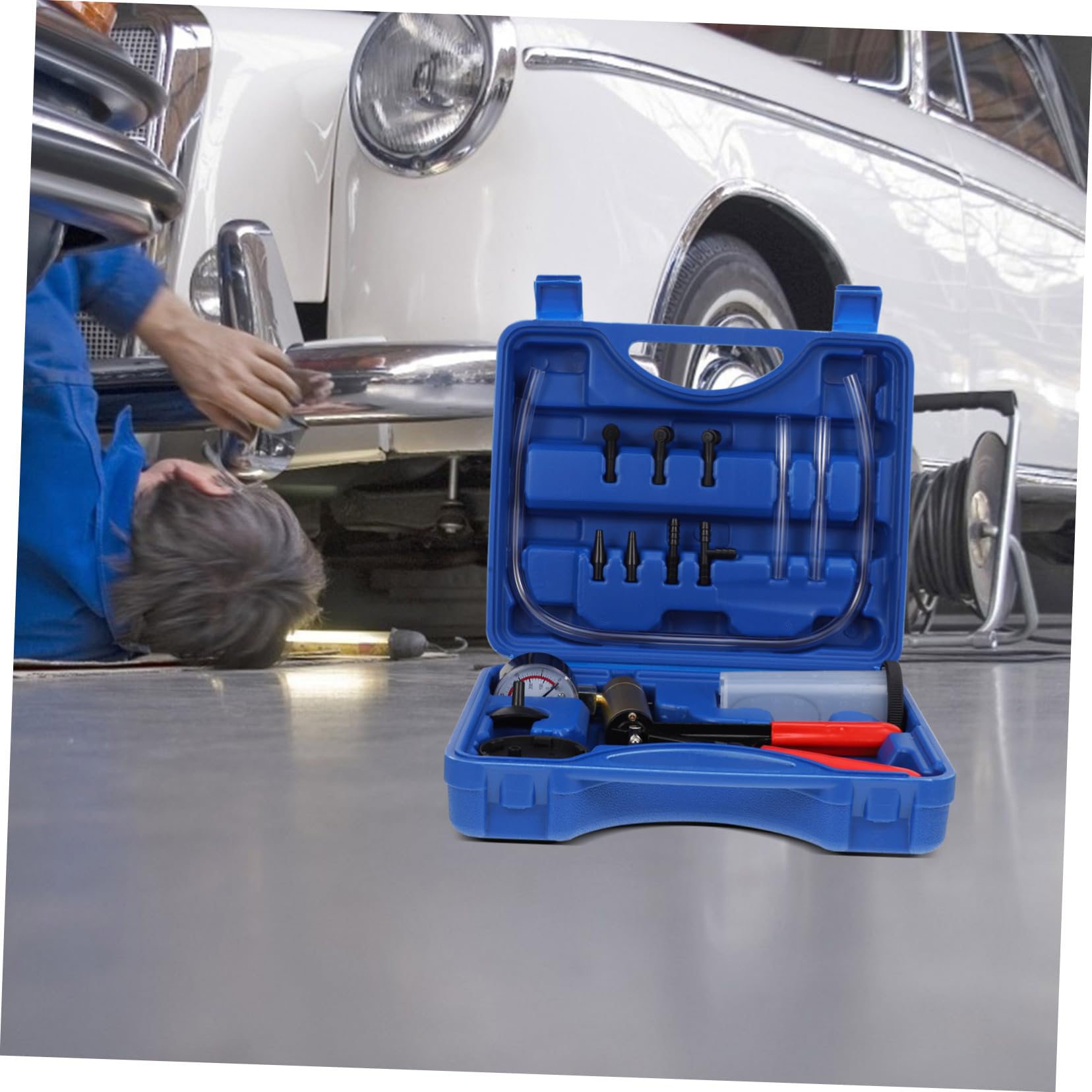 Bomba de Vacío Manual para Purgado de Frenos Adaptador Azul, Herramienta Portátil de Hierro y Plástico para Mantenimiento en Coches y Talleres
