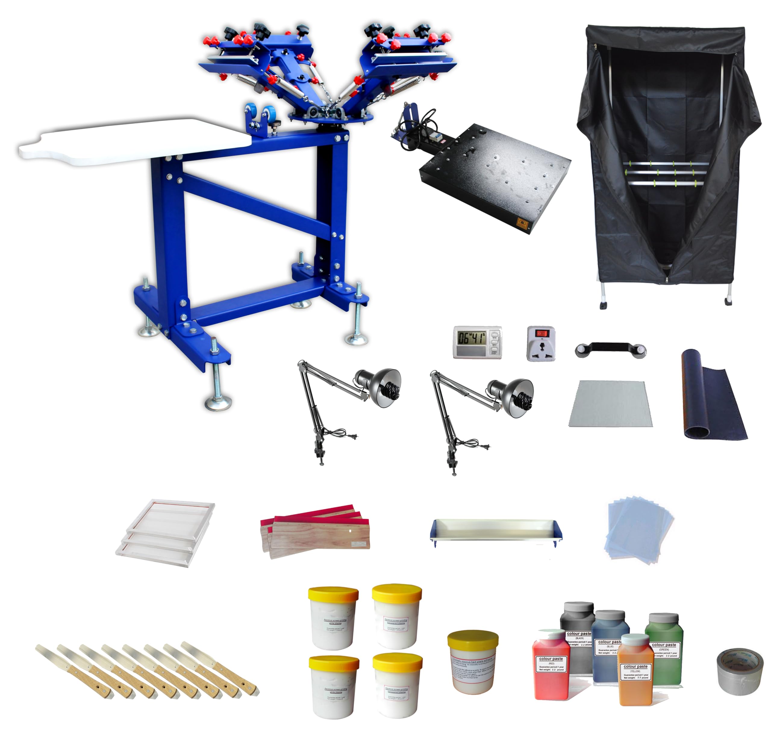 TECHTONGDA 4 Color Screen Printing Kit Silk Screen Printing Press Floor Type 1 Station with Flash Dryer UV Exposure Unit Squeegee Frame