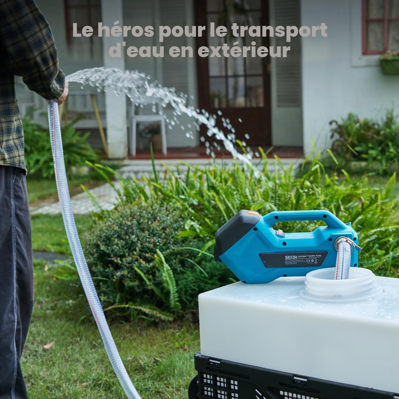 Seesii Pompe de transfert sans fil pour eau/diesel, 2880 l/h, auto-amorçante, 2 batteries de 4000 mAh, pompe domestique électrique portable pour camping-car, jardin, jacuzzi, piscine, étang, aquarium