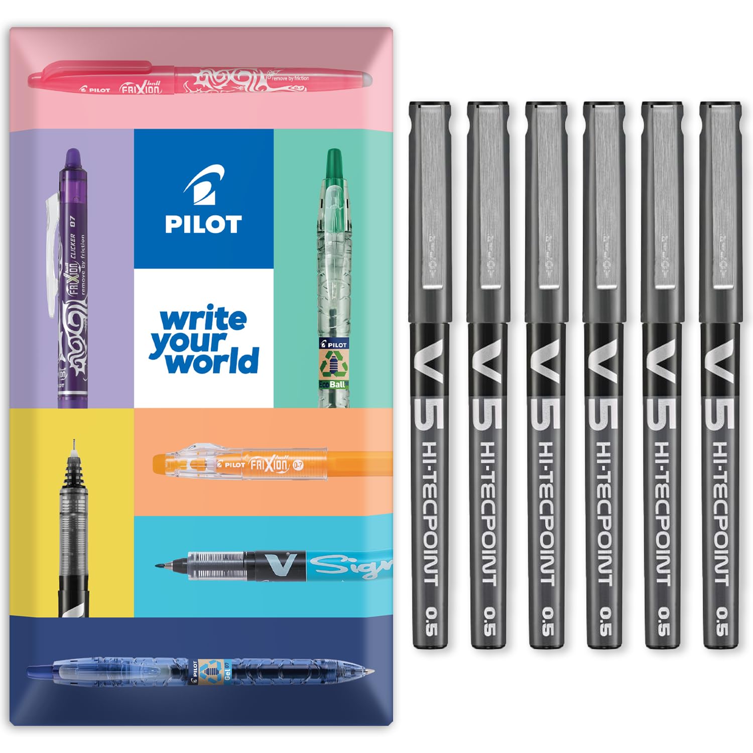 PILOT V5 Hi-Tecpoint Rollerball Pen - Fine 0.5mm Nib - Pack of 6 Pens in Envelope Gift Packaging (Black)
