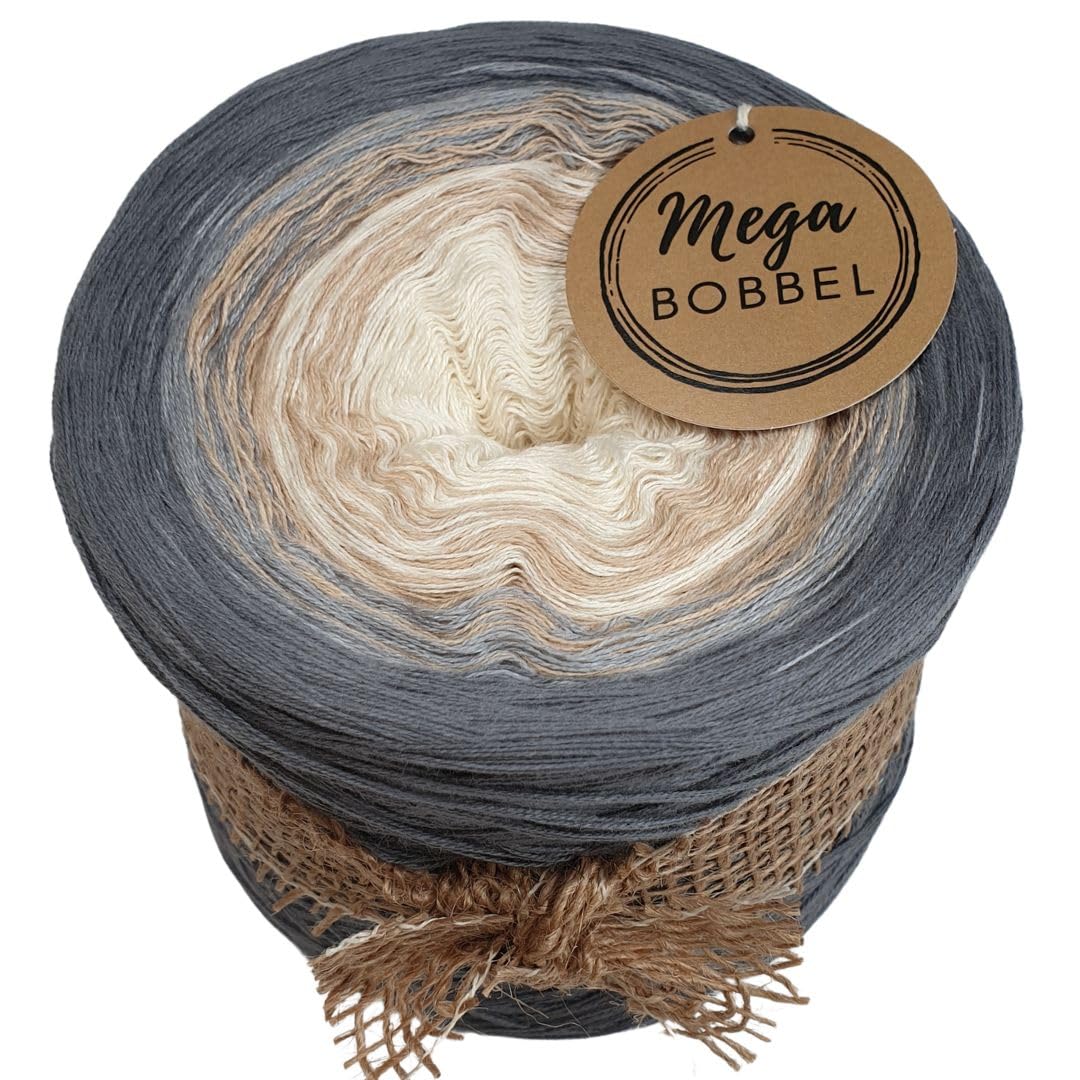 MegaBobbel*Beige & Grau*A437* (Außenfarbe: Mittelgrau) Farbverlaufsgarn - Lace Garn Bobbel Wolle zum Häkeln & Stricken - 50% Baumwolle/50% Polyacryl (3 fädig, 3750m)
