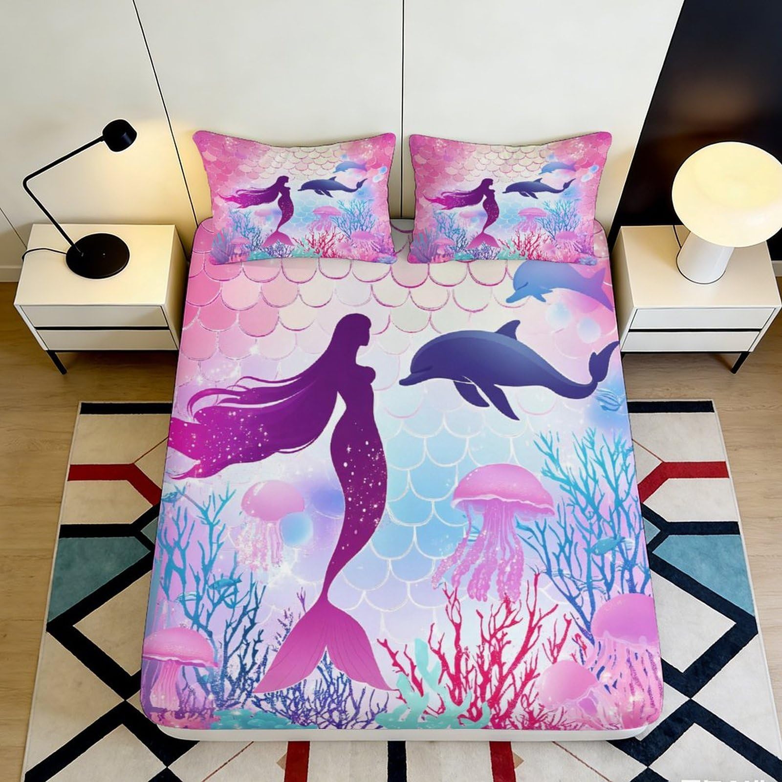 Jqzkxnhpbr Style-2 3D Printed Mermaid Ocean Fitted Sheet Microfiber Soft Breathable Dolphin Mattress Cover For Bedroom Dorm Decor 90X200x25cm