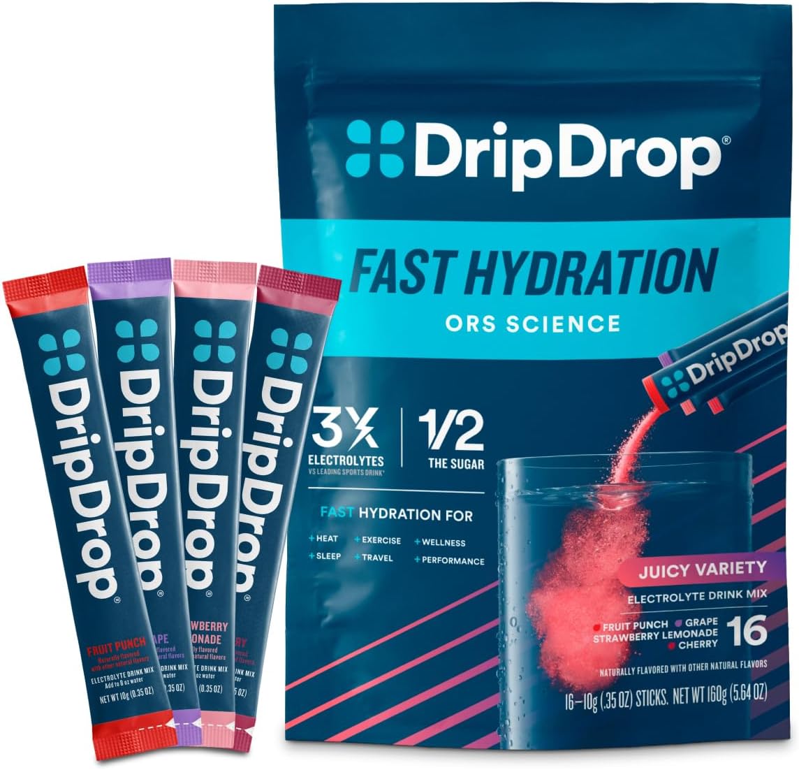 DripDrop Hydration Packets - Juicy Variety Pack - Single Serve Electrolytes Powder Drink Mix - Grape, Fruit Punch, Strawberry Lemonade, Cherry - Non-GMO, Gluten Free, Vegan - 16 Sticks