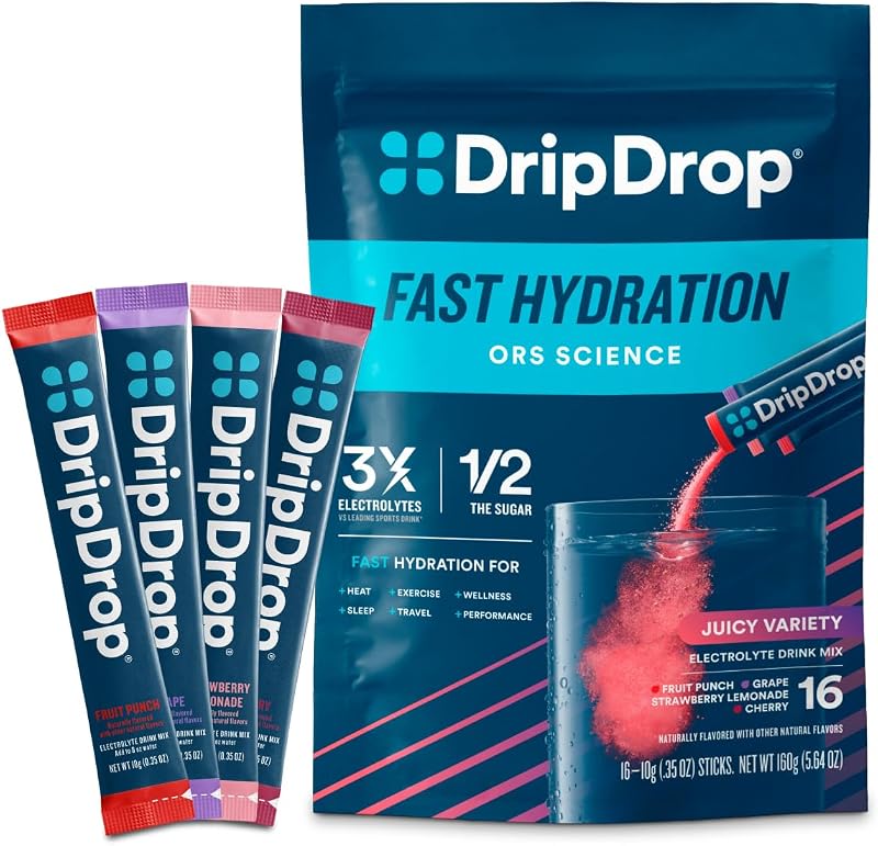 DripDrop Hydration Juicy Variety Pack, Electrolyte Packets, 16 Count | Grape, Fruit Punch, Strawberry Lemonade & Cherry; 3X Electrolytes, Vitamin C, Magnesium, Zinc; Single Serve Powder Drink Mix