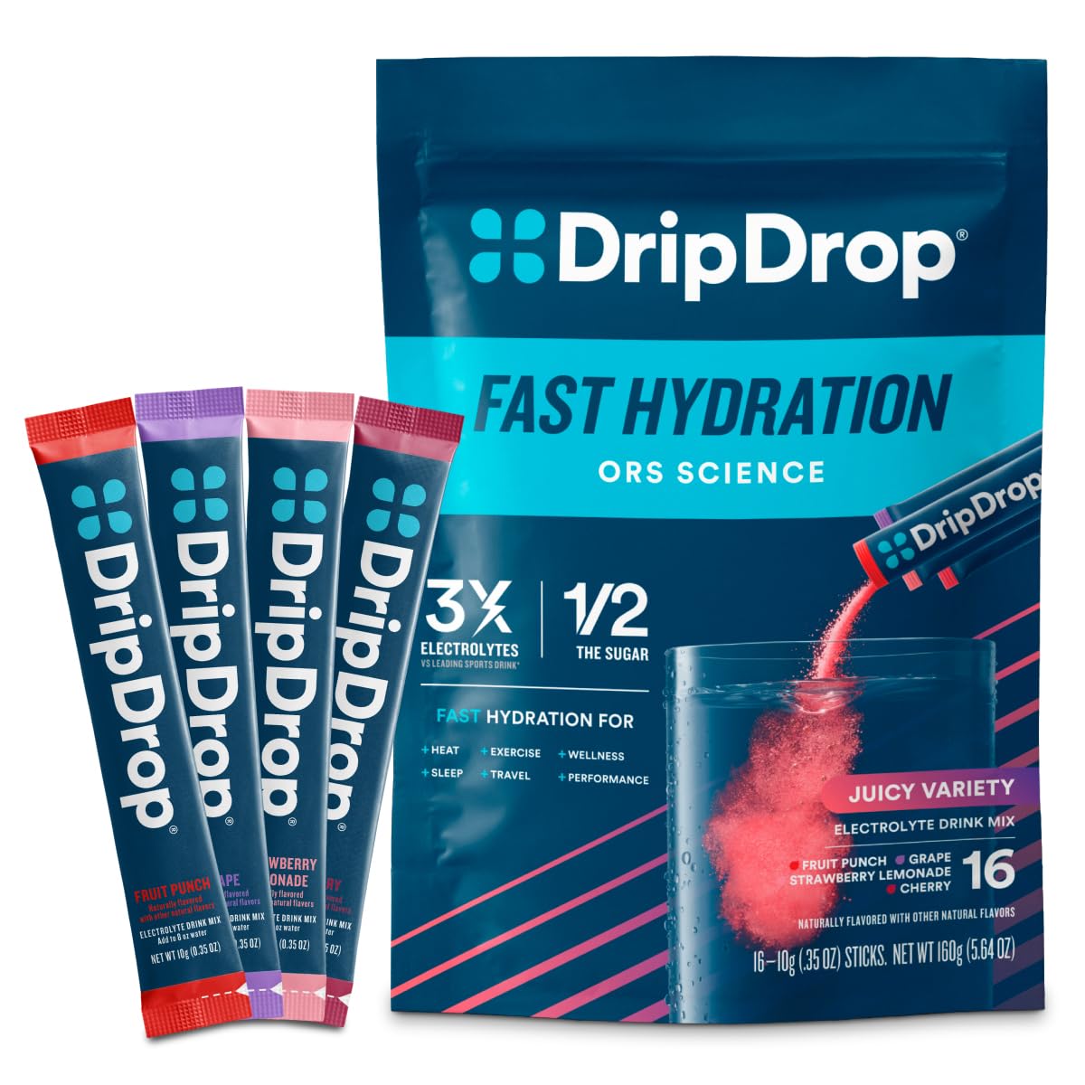 DripDropHydration Packets - Juicy Variety Pack - Single Serve Electrolytes Powder Drink Mix - Grape, Fruit Punch, Strawberry Lemonade, Cherry - Non-GMO, Gluten Free, Vegan - 16 Sticks