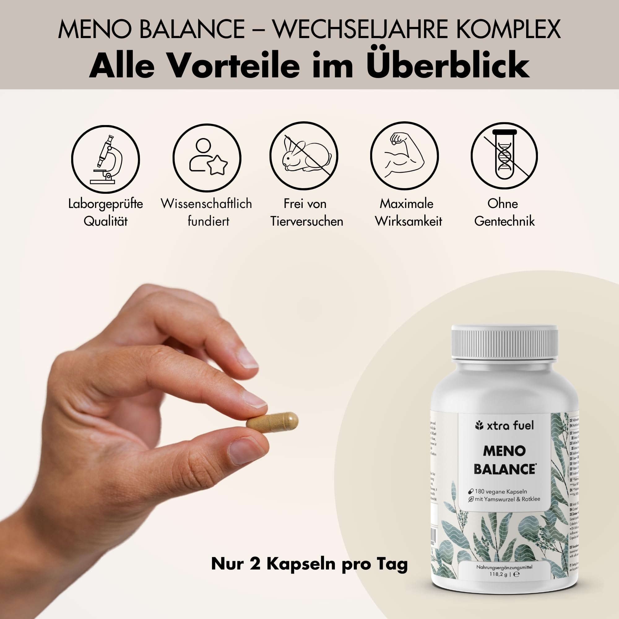 Wechseljahre Kapseln 180 Stück - Meno Balance - Natürliche Formel mit 500mg Yamswurzel, 340mg Rotklee, 200mg Baldrian-Extrakt, Eisen, Folsäure & B-Vitamine – laborgeprüfter Meno Komplex Wechseljahre