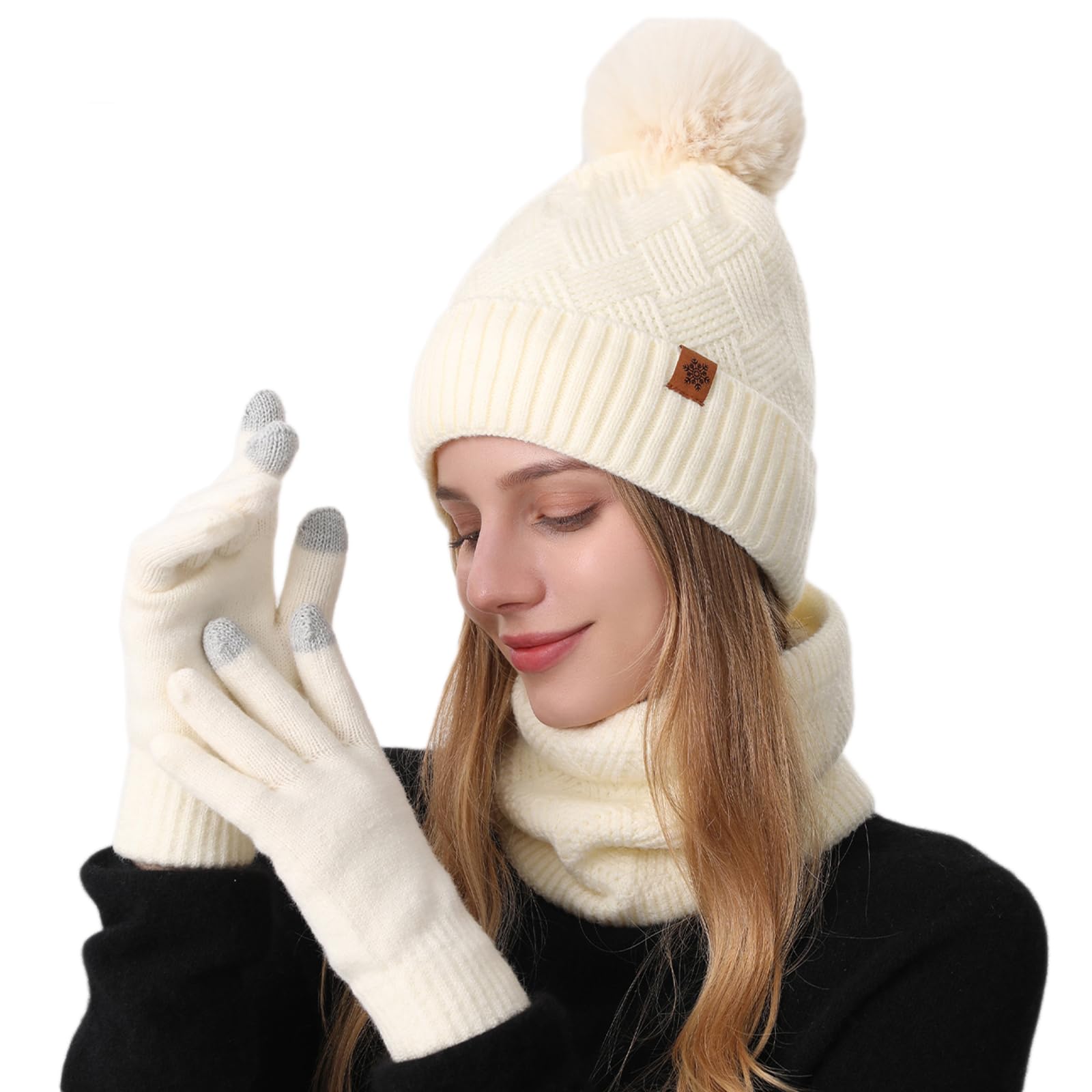 MAZELIKEHOOD Set Sciarpa Guanti Cappello Donna Inverno Caldo Cappello di Bobble con Sciarpa a Maglia e Guanti Tessuto Morbido e Comodo Accessori Moda Invernale Ideale per Regalo di Natale