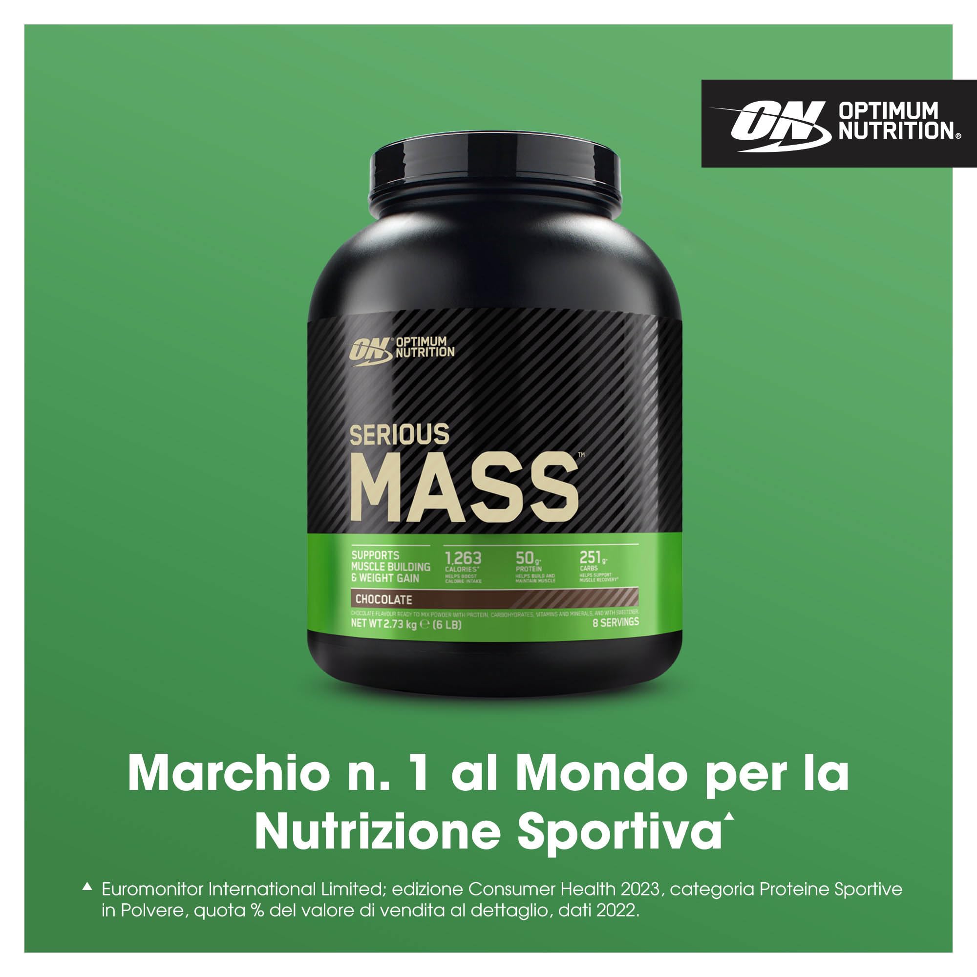 Optimum Nutrition Serious Mass Proteine in Polvere ad Alto Contenuto Calorico per Aumentare il Peso, con 25 Vitamine e Minerali, Creatina Monoidrato e Glutammina, Gusto Cioccolato, 8 Dosi, 2,73 kg