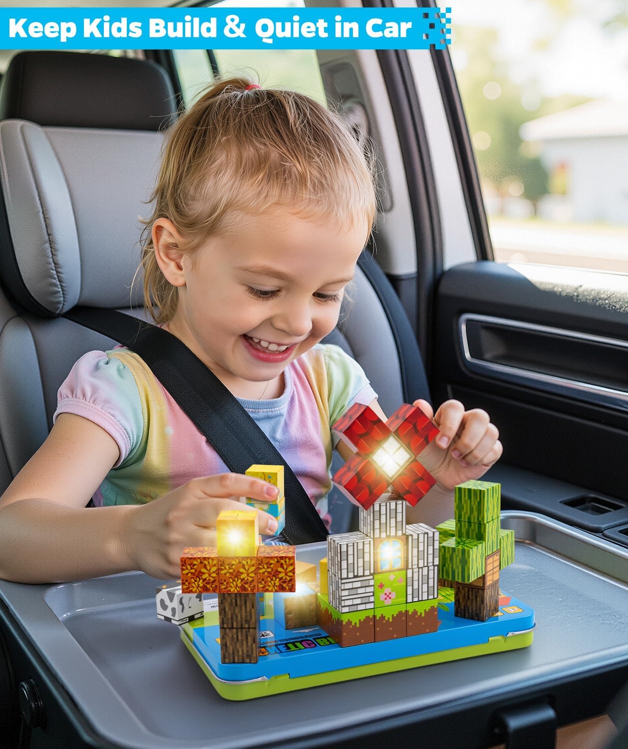 Magnetic Blocks 45 pcs Travel Toys with Light-Up Cube, Birthday Gift Kids Toddler, Magnet Building Blocks STEM Educational Learning Toy Gift for 3-5 4-8 Year Old Boys Girls Autism -Forest