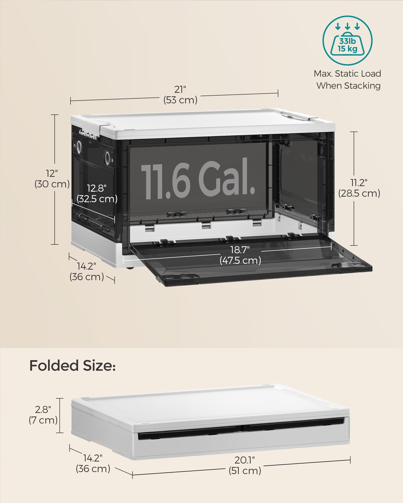 SONGMICS Plastic Storage Bin with Lid, 11.6 Gal. (46.4 Qt.) Stackable Closet Organizer, 5 Doors, Storage Cabinet, Office Organization, Foldable, Cloud White and Slate Gray URPB044W01