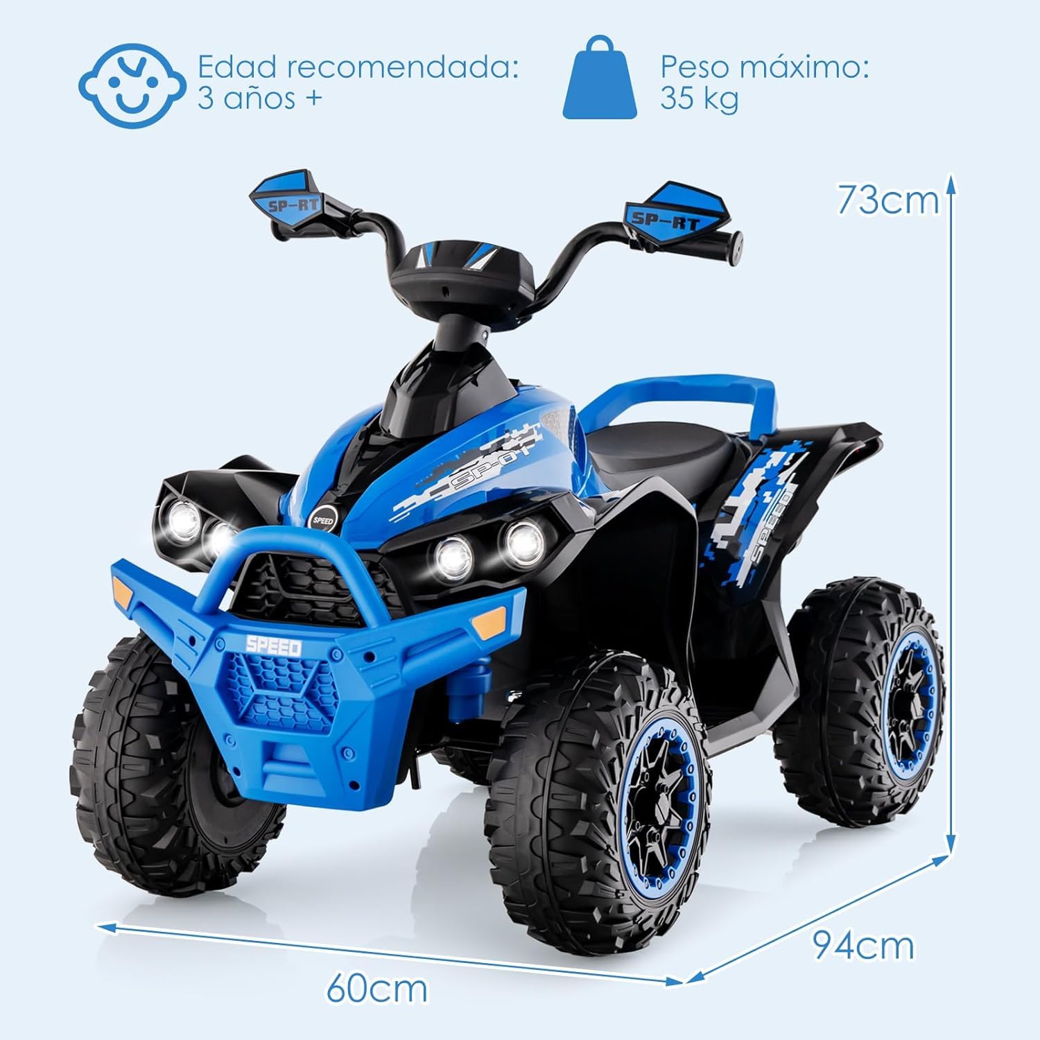 GOPLUS 12 V Quad eléctrico para niños con Faros LED, música y claxon, Coche eléctrico con 4 Ruedas Antideslizantes y Arranque Lento, para niños de 3 a 8 años de Edad, soporta hasta 35 kg (Azul)
