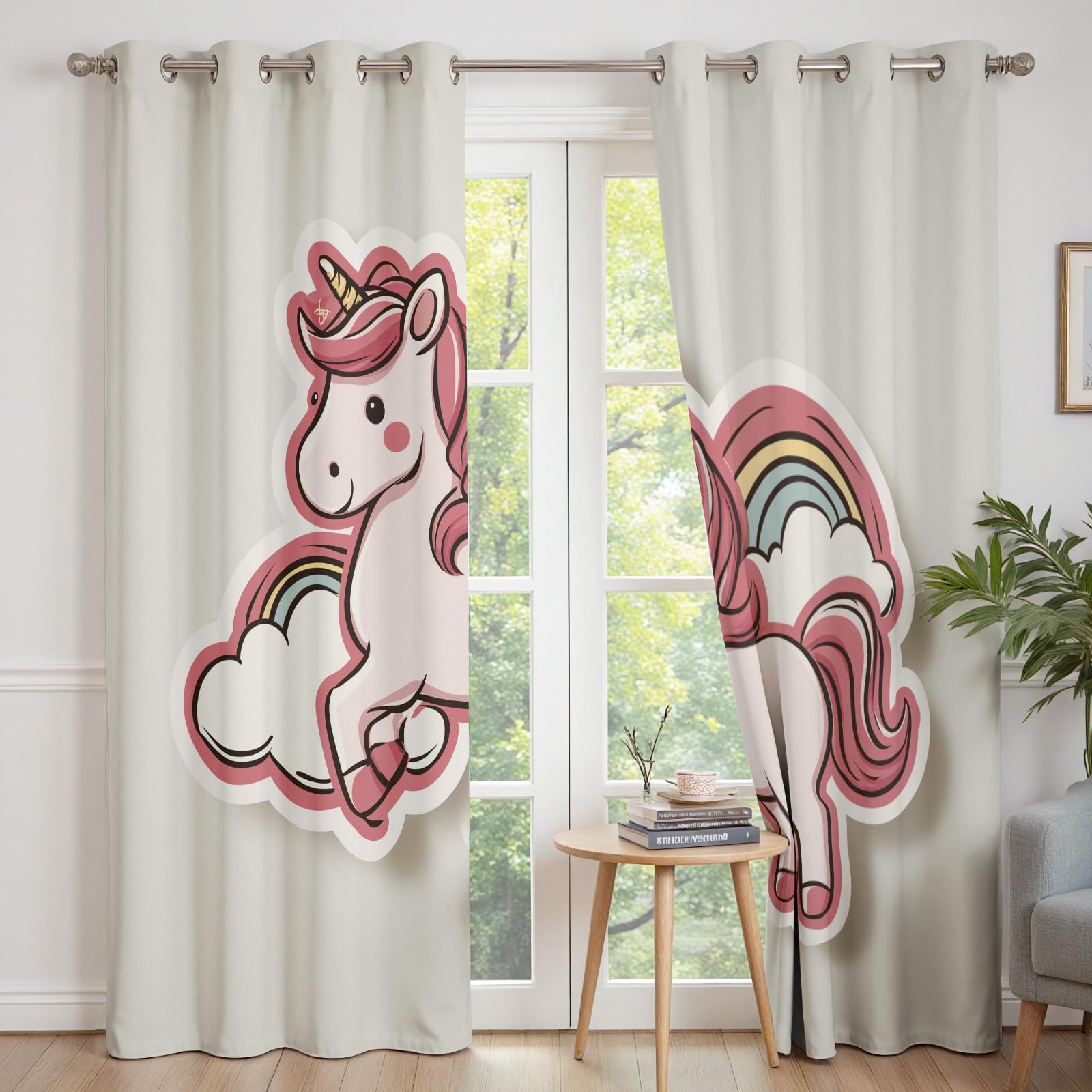 Rideaux Occultant Mignon Licorne Lot De 2 117x183 cm, Rideau Thermique Anti Froid Dessin Animé Rideau Opaque Cheval Enfant À Oeillets Occultant Draperies pour Chambre Salon Bureau