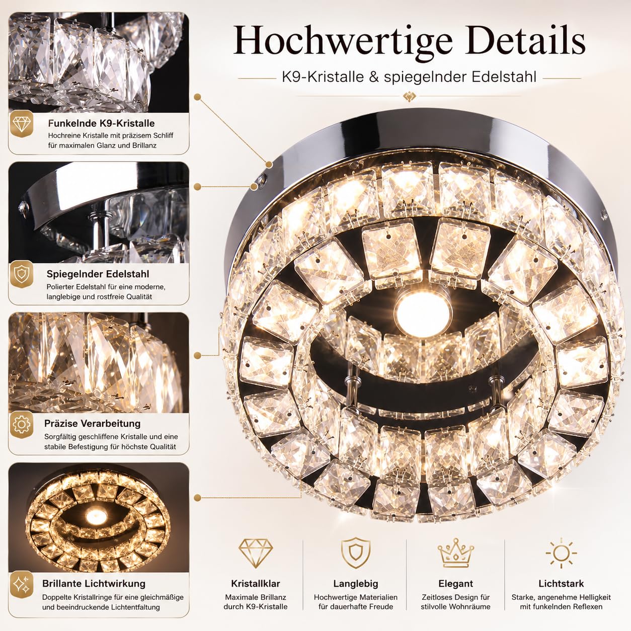 9.8" Kristall Deckenleuchte Led Dimmbar 16W mit Fernbedienung | 25 cm runde small Kristall LED-Deckenleuchte mit 16W, einstellbarer Helligkeit und Lichtfarbe