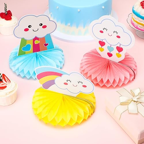 Miniatura 4 de Ireer 9 piezas de decoración de mesa de arco iris, centros de mesa de nido de abeja arcoíris para mesas, decoraciones de nubes 3D para fiestas,