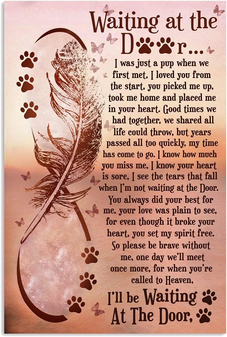 Vintage Beautiful Feather Metal Sign Dog Waiting At The Door Poster Tin Signs Retro Plaque Wall Decor Gift For Home Kitchen Office Club Bar Gym 12x16 Inch