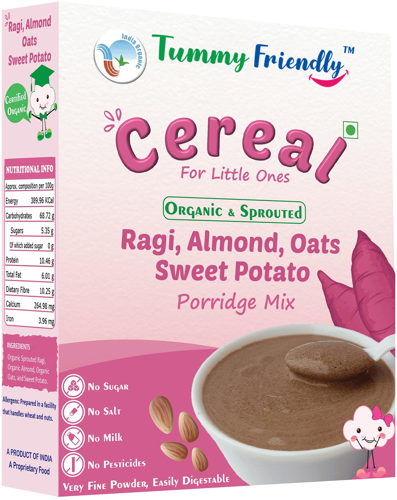 TummyFriendly Foods Certified Organic Sprouted Ragi, Almonds, Oats, Sweet Potato Porridge Mix | Made of Sprouted Ragi Powder, Almond Cereal Organic Baby Food for 8 Month. Sprouted for Calcium, Iron | Maximum Nutrition From Real Food | Available in Trial Baby Packs too | Shelf-life 9 month | 200g