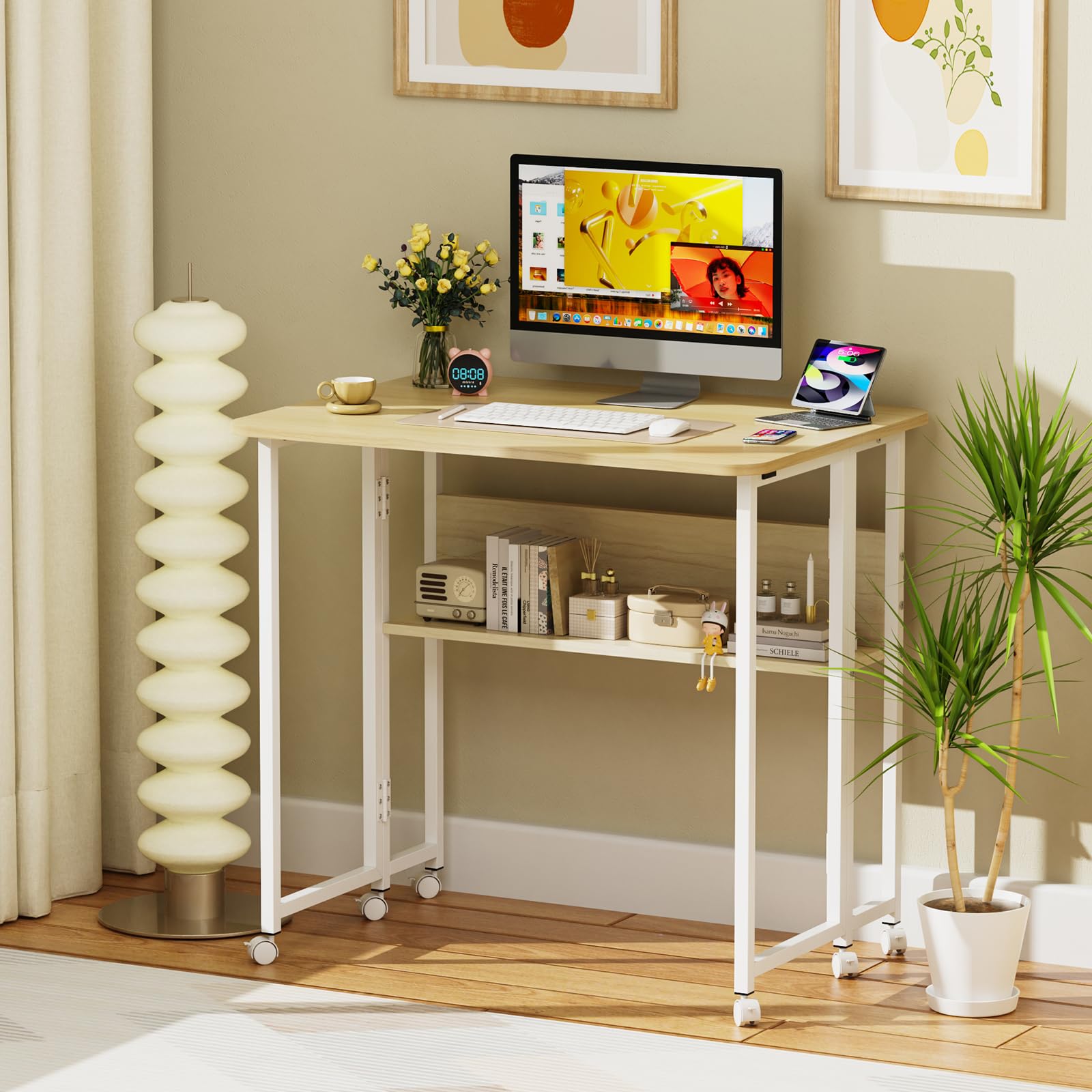 HUOLE - Tavolino per soggiorno, divano, esterno, regolabile in altezza, da appoggio per ufficio, per soggiorno, camera da letto, 80 x 58 x 75 cm - acero bianco