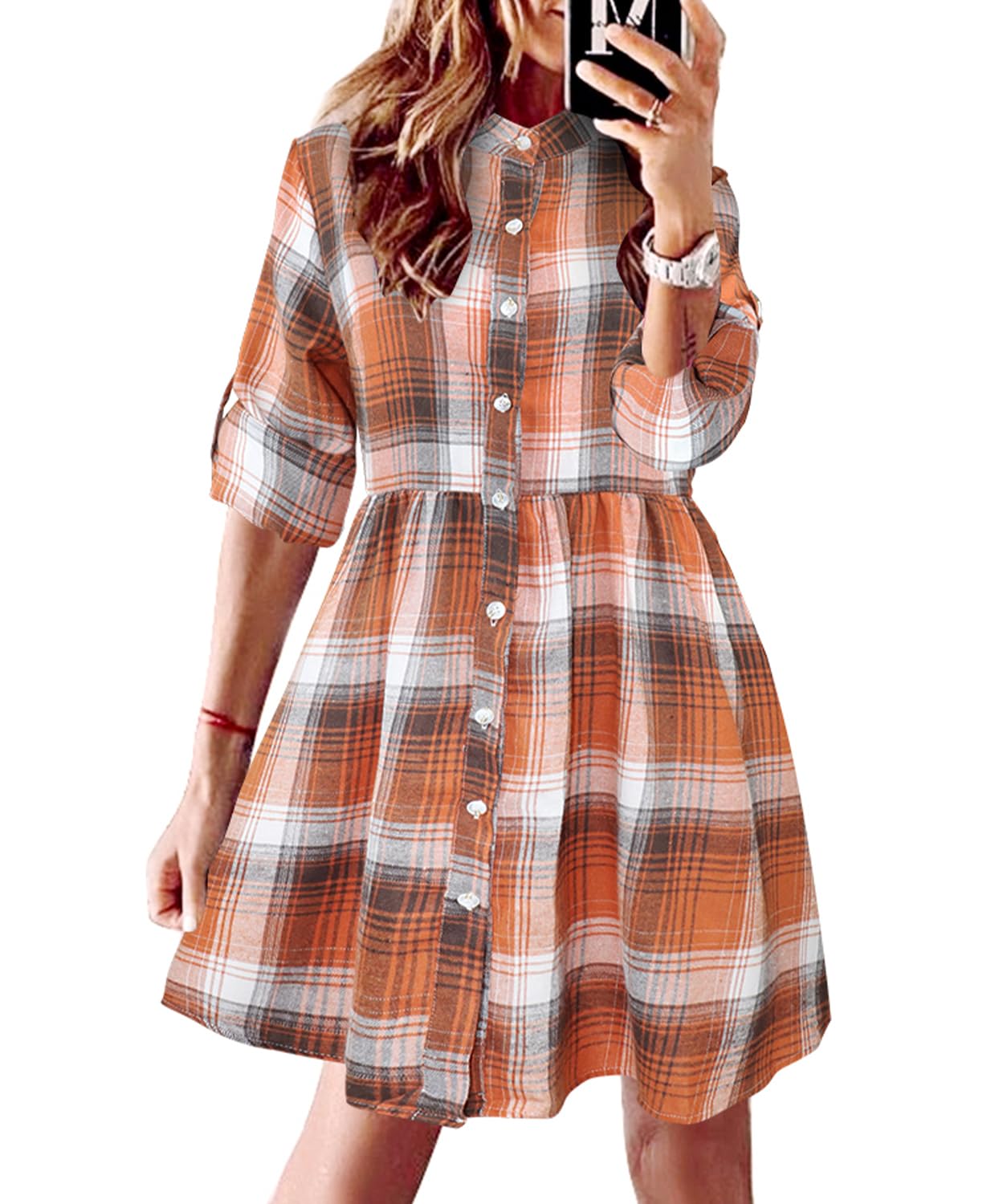 FANCYINN Abito a Camicia a Quadretti da Donna Manica Lunga abbottonata Top Mini Abito Scozzese a Tunica Casual