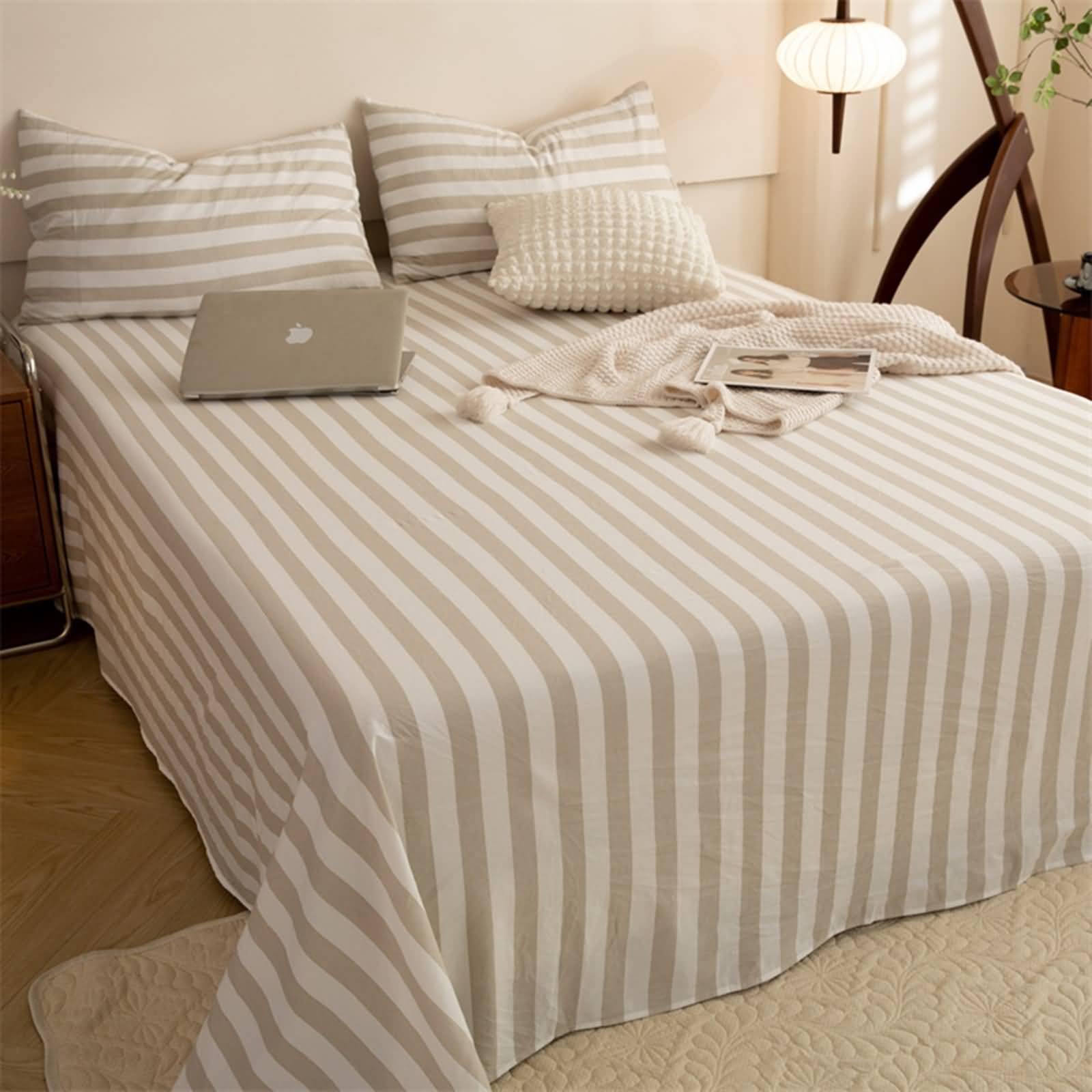 Drap plat King Size 230x250 cm kaki clair motif rayé décoration maison