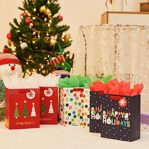 Miniatura 5 de SUNCOLOR Small Christmas Gift Bags with Tissue Paper, 6 Pack Holiday Theme Bags in 3 Festive Designs, 7x9x4 Inches, Red Navy White with 12 Sheets