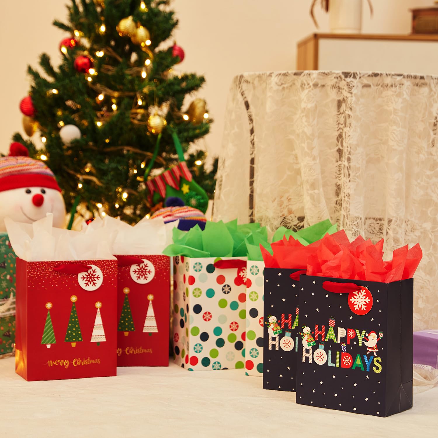SUNCOLOR Small Christmas Gift Bags with Tissue Paper, 6 Pack Holiday Theme Bags in 3 Festive Designs, 7x9x4 Inches, Red Navy White with 12 Sheets Tissue Paper