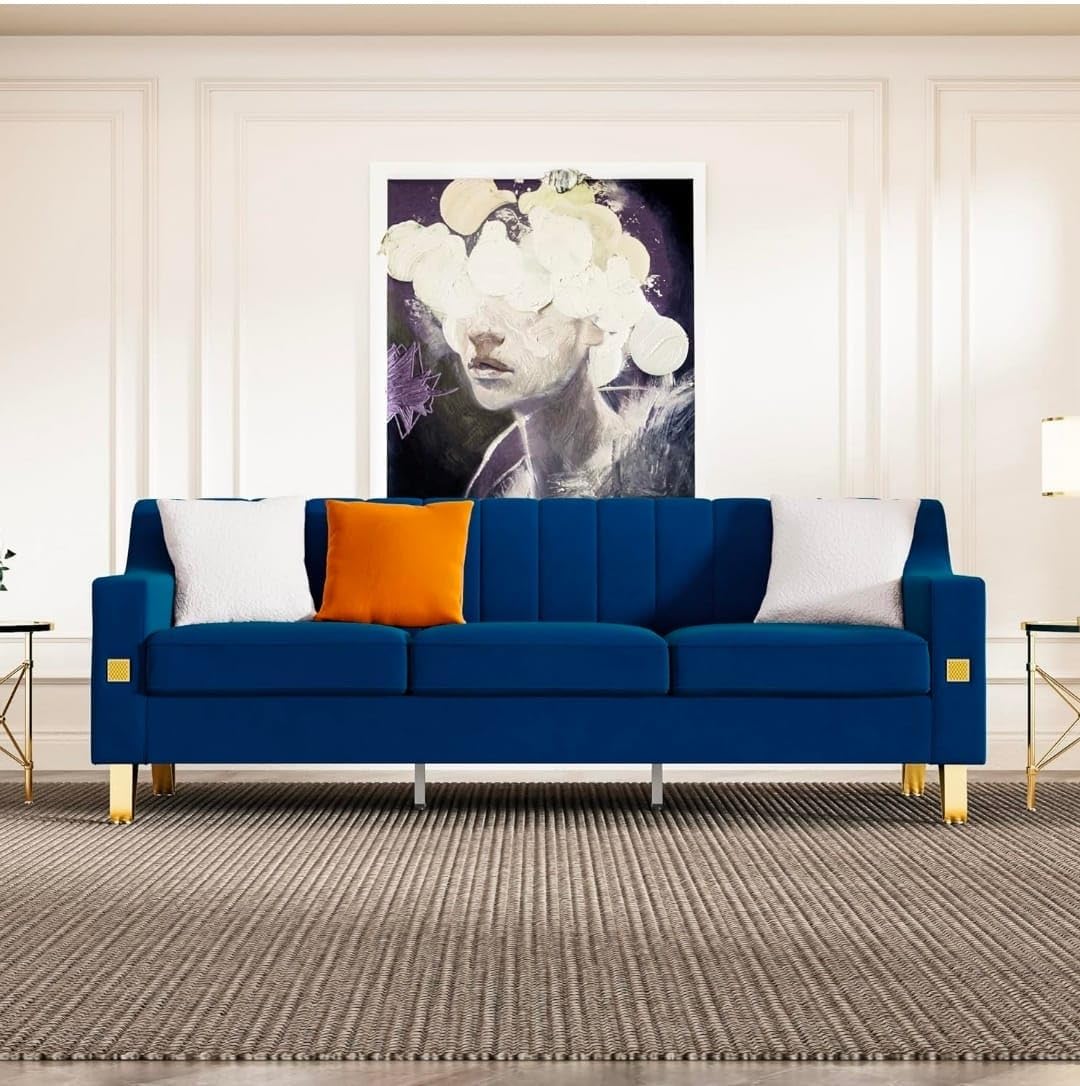 A to Z Furniture Classic Seater Sofa Set Luxury Chesterfield Leatherette Sofa in for Home Living Room & Office Stainless Steel Legs (Blue, 3 Seater)