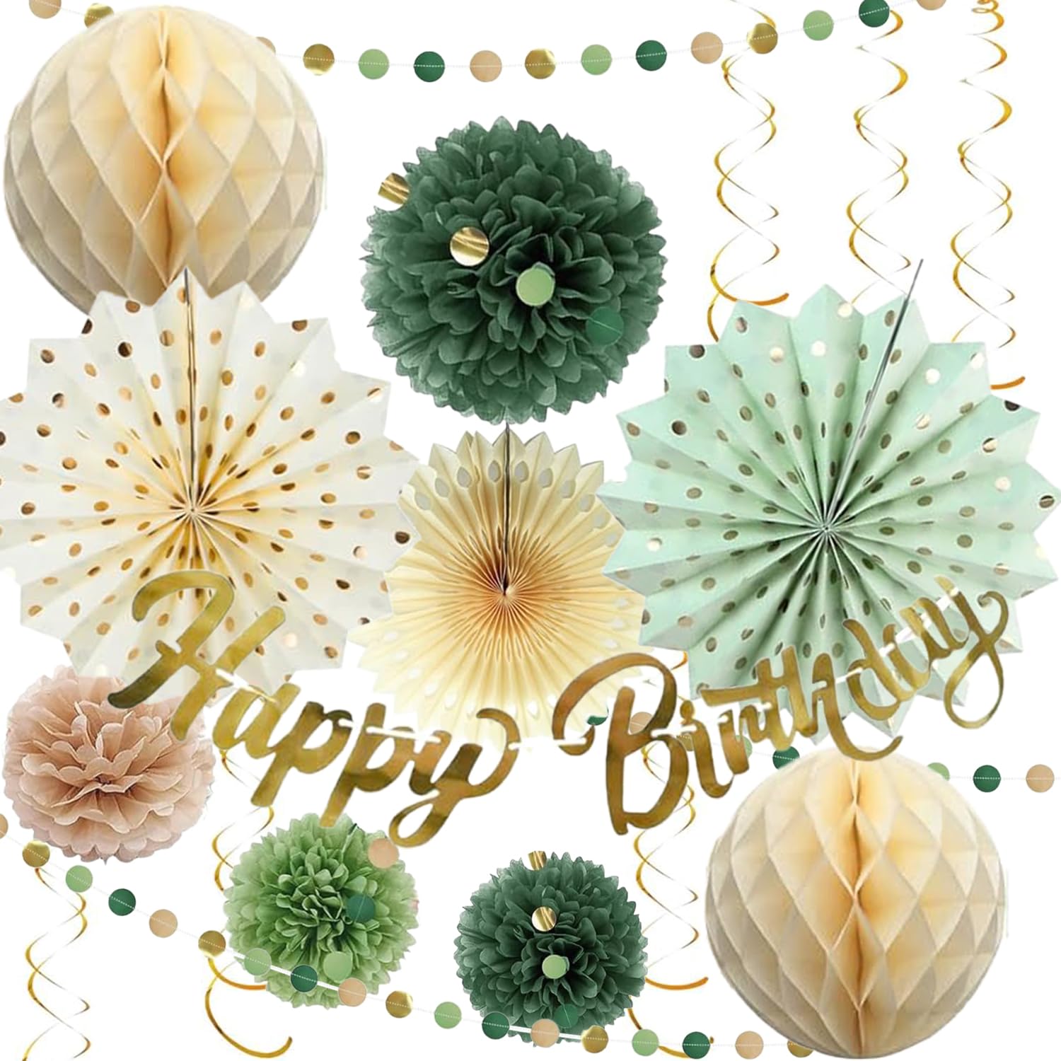 Décorations De Fête Vert Sauge Et Doré - 12 Pièces (lanternes Et Pompons Papier) - Pour Mariage, Anniversaire, Garden Party - Tailles 20, 25, 30 Cm - 2